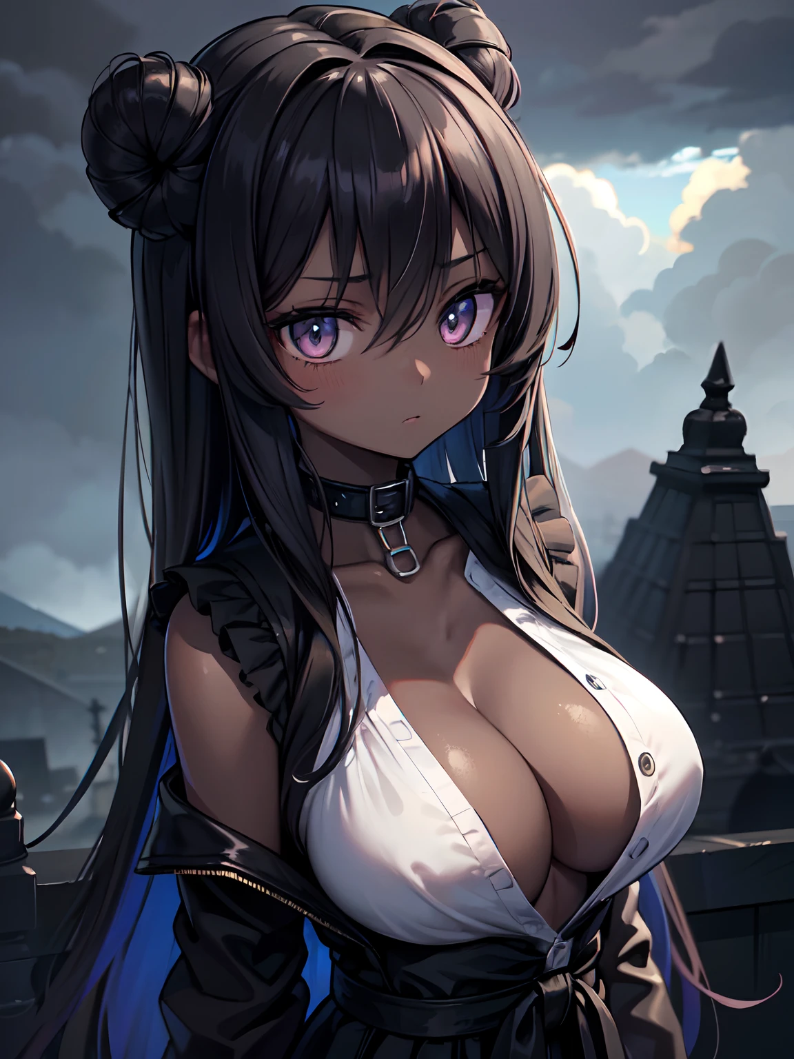 1 girl, (dark skin:1.2), shy, cute, cold expression, (8k, RAW photo, best quality, masterpiece:1.2) ultra-detailed, Super detailed, vivid colors, studio lighting, portrait, black coloured eyes, Night clouds background, Aesthetic, romantic, Luna, wearing goth collar, black hair, unbuttoned shirt revealing her chest, head to waist