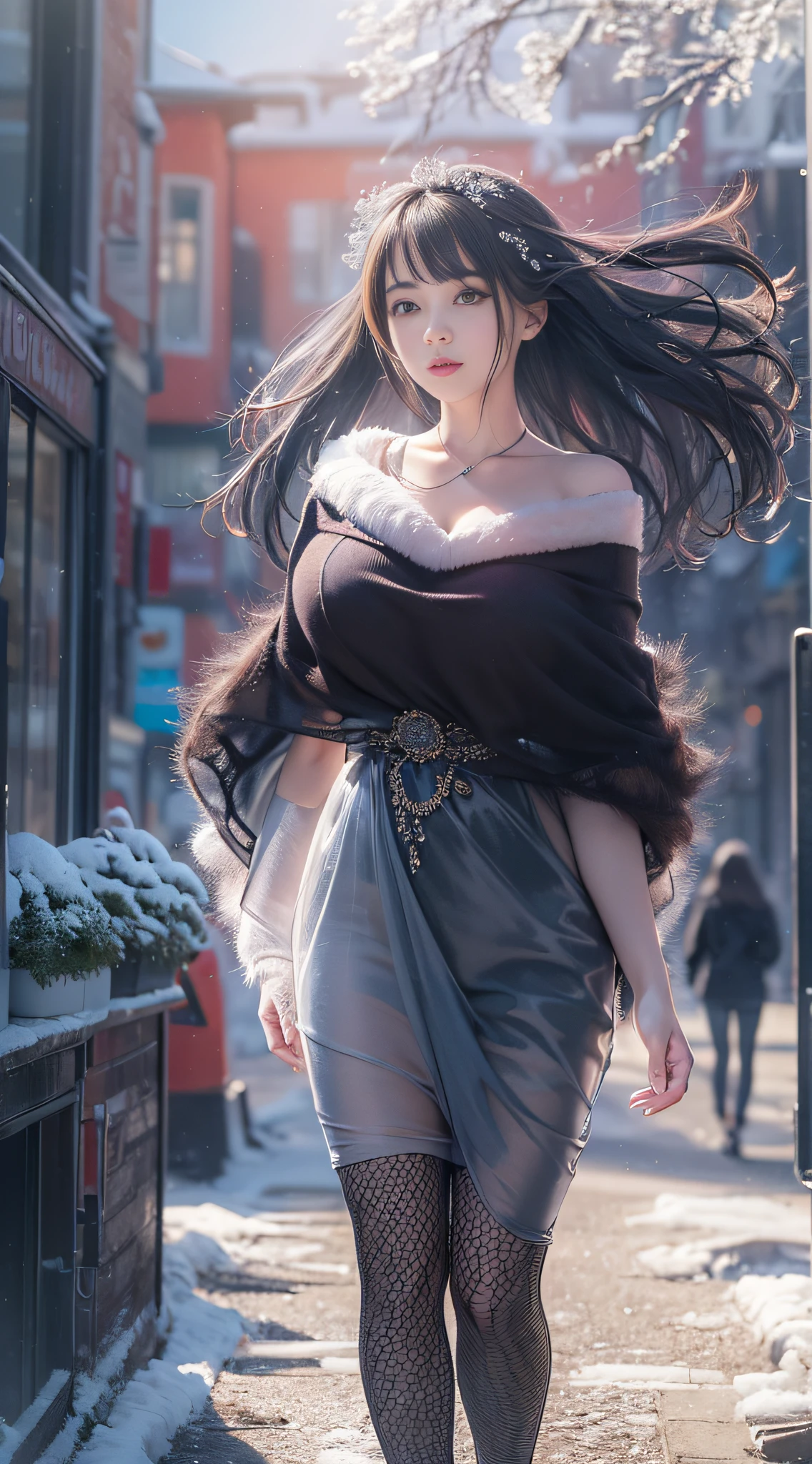masterpiece,best quality,(photorealistic:1.4),(ultra detailed:1.3),(full body:1.4),(in winter:1.3),1girl,huayan,bare shoulders,solo,(see-through:1.2),(standing:1.2),(barefoot:1.2),(huge breasts:1.2),(sunlight:1.1),(city:1.3),(street:1.4),(outdoors:1.3),unity 8k wallpaper,blunt bangs,black hair,1girl,solo,