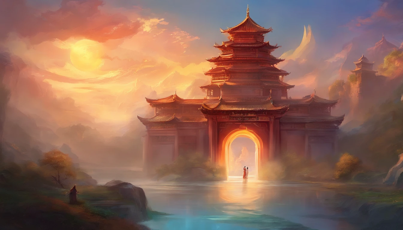 Hand in hand, hand over the torch, symbolizing inheritance and warmth The background is a Chinese-style palace building
