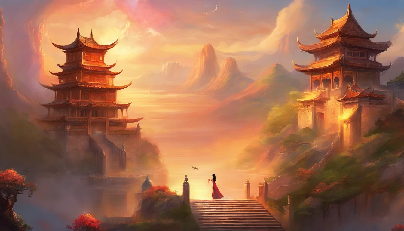Hand in hand, hand over the torch, symbolizing inheritance and warmth The background is a Chinese-style palace building
