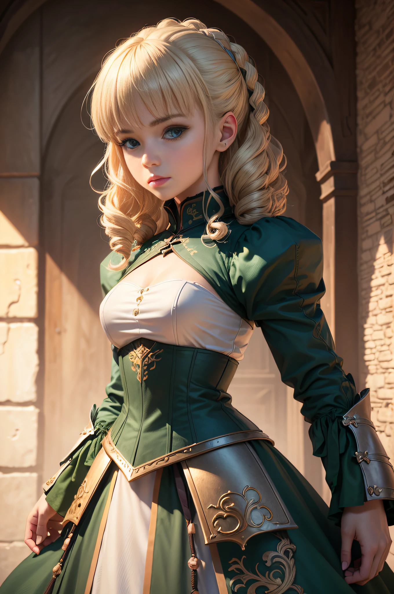 Zelda, blond hair, blue eyes, short hair, armpit, short dress, panties, Big legs, black and green dress.