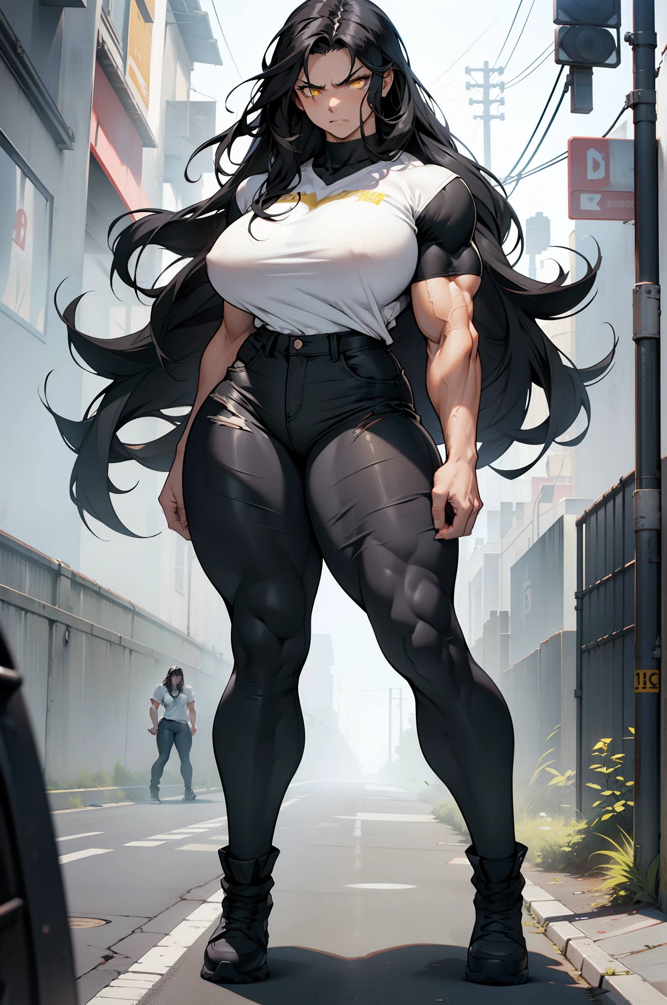 solo, ((((1 girl)))), very long hair, black hair, angry, yellow eyes, (((((muscular))))), (huge tits), (thick thighs), (wide hips), (full body), pale skin, (tight shirt), (tight pants), standing, wavy hair