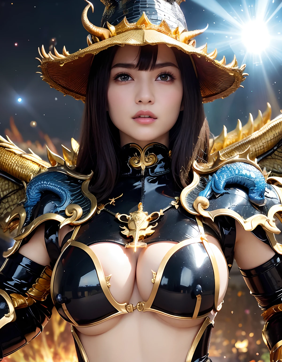 ((World of Darkness)),Professional , ​masterpiece、top-quality、photos realistic , depth of fields 、(((Fight dragons))),（Dragon Black Metal Body:1.9),(Latex Blue、（cleavage of the breast）,（Fight dragons）、、(((Particles of light))),（Micro Bikini Armor:1.7),Gorgeous gold weapons ,（Fight dragons）、Seductive look、The face of the dragon is out、（blood splattere、Armpit、（(((With a magic wand))), ） , (((Wearing a black latex wizard hat))),（demonic wings）   ,（（a blond））、（Castle background）、（（Gangle's forest background））、Beautiful Caucasian beauty、１a person、Armpit、dynamic ungle,(((Detailed Gold Dragon Wizard Hat)))、Smaller head、A smile、Castle background、Thin and beautiful female hands、cleavage of the breast、Soldier in iron armor on background、Mystical expression、Light Effects、intense fighting、Wind-effect、magic circles、With the legendary magic wand、Dragon's tail、explosions、Toostock、Toostock、(Beautuful Women),