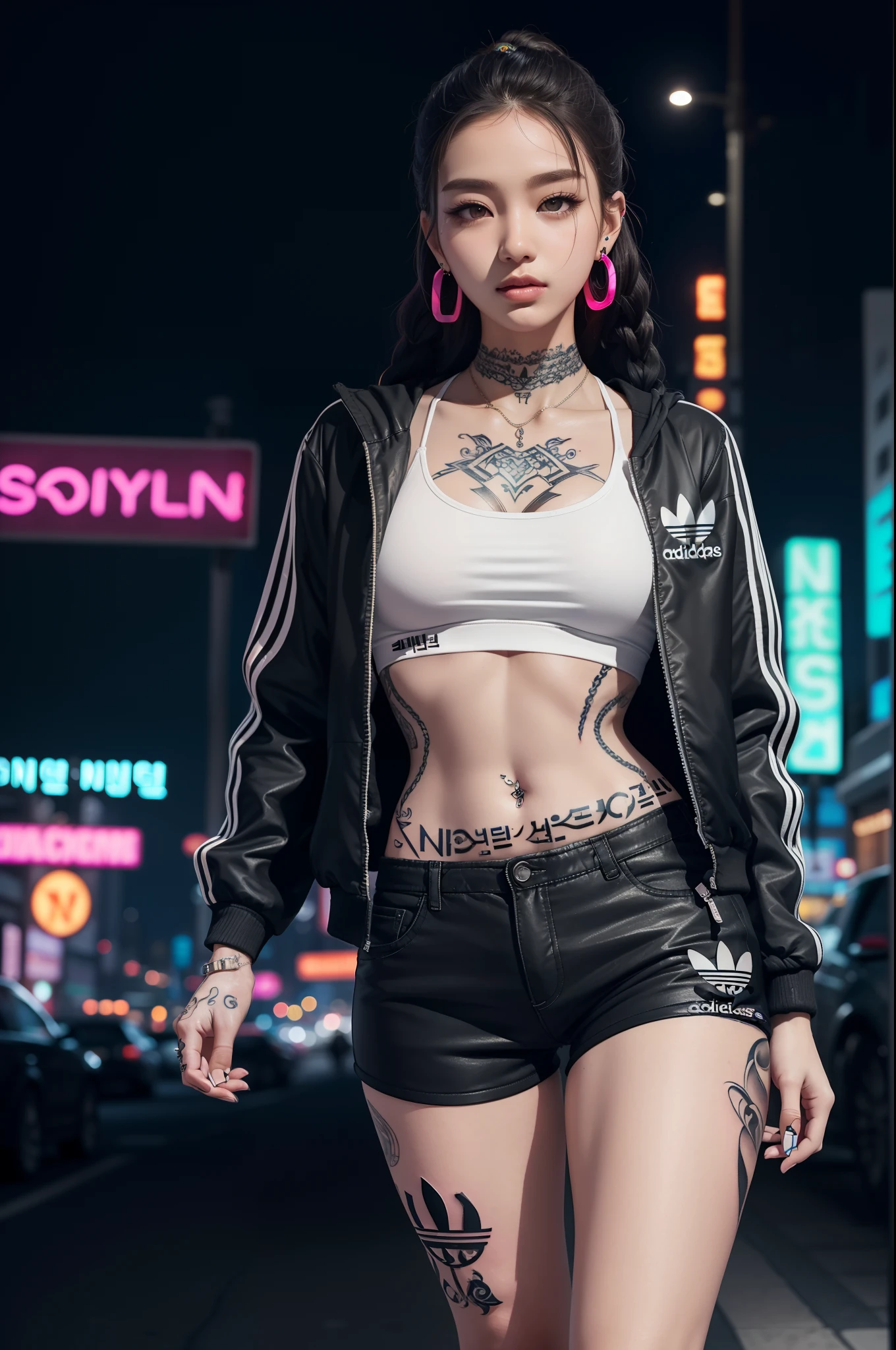 Masterpiece, best quality, 8k wallpaper, photorealistic, focus on face and torso and thighs, professional lighting, 1girl, walking in the middle of a walkway, looking at camera, 22 years old, ((korean:1.4)), hazel eyes, (skinny:1.3), black long braided hair, (black and white open Adidas jacket), t-shirt, black tracksuit shorts, (earrings), piercings, (tattooed legs:1.4), (tattooed neck:1.5), ((night city with skyscrapers and neon lights)), (beautiful face, detailed face, detailed skin, detailed hair)