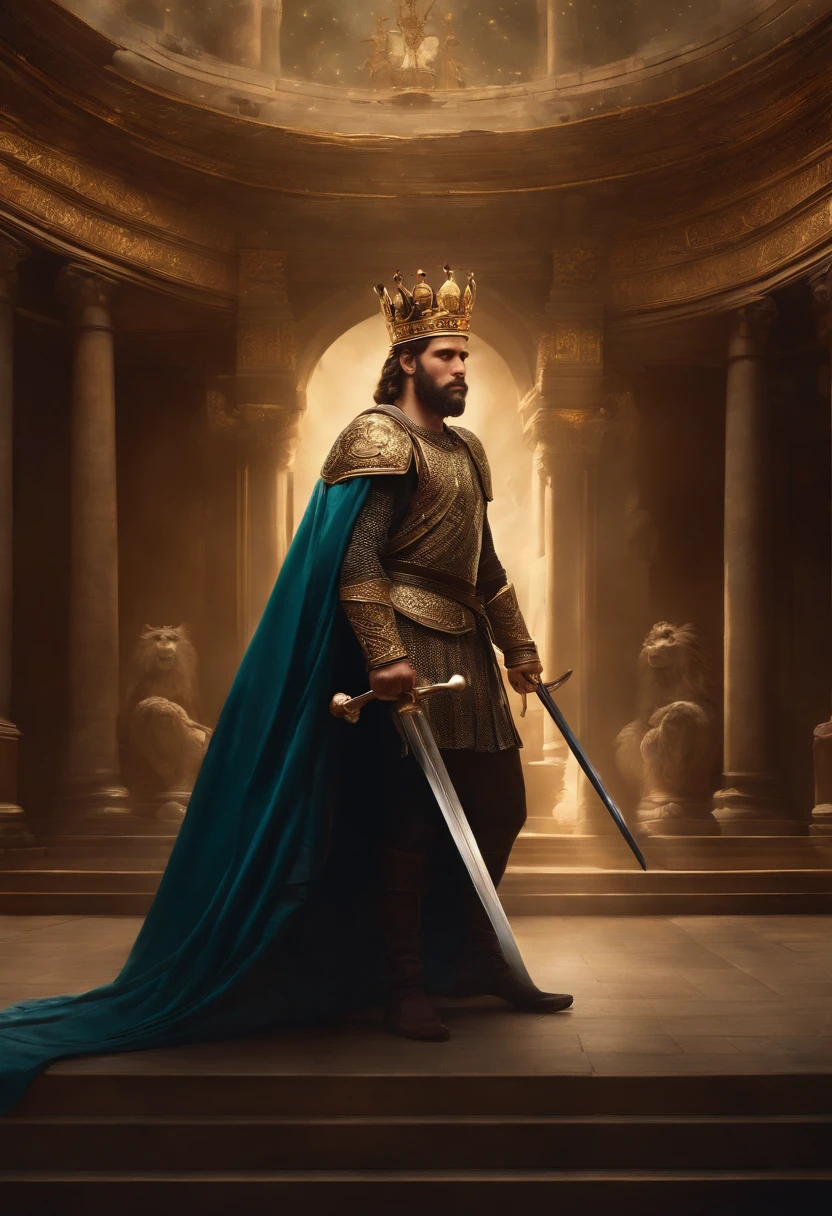 "A man with a crown on his head and a sword in his hand, em um ambiente majestoso e iluminado, in a sophisticated and detailed artistic style."