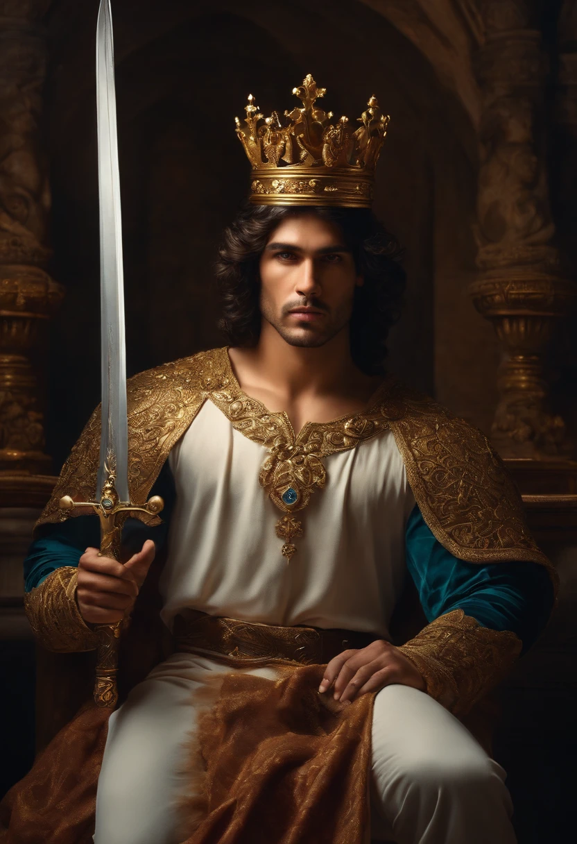 "A man with a crown on his head and a sword in his hand, em um ambiente majestoso e iluminado, in a sophisticated and detailed artistic style."