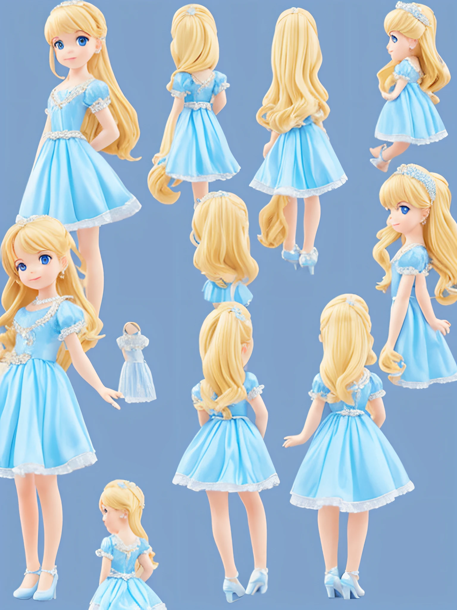 A Princess Light blue dress Golden hair Rear view character sheets Consistent character without background picture book-style