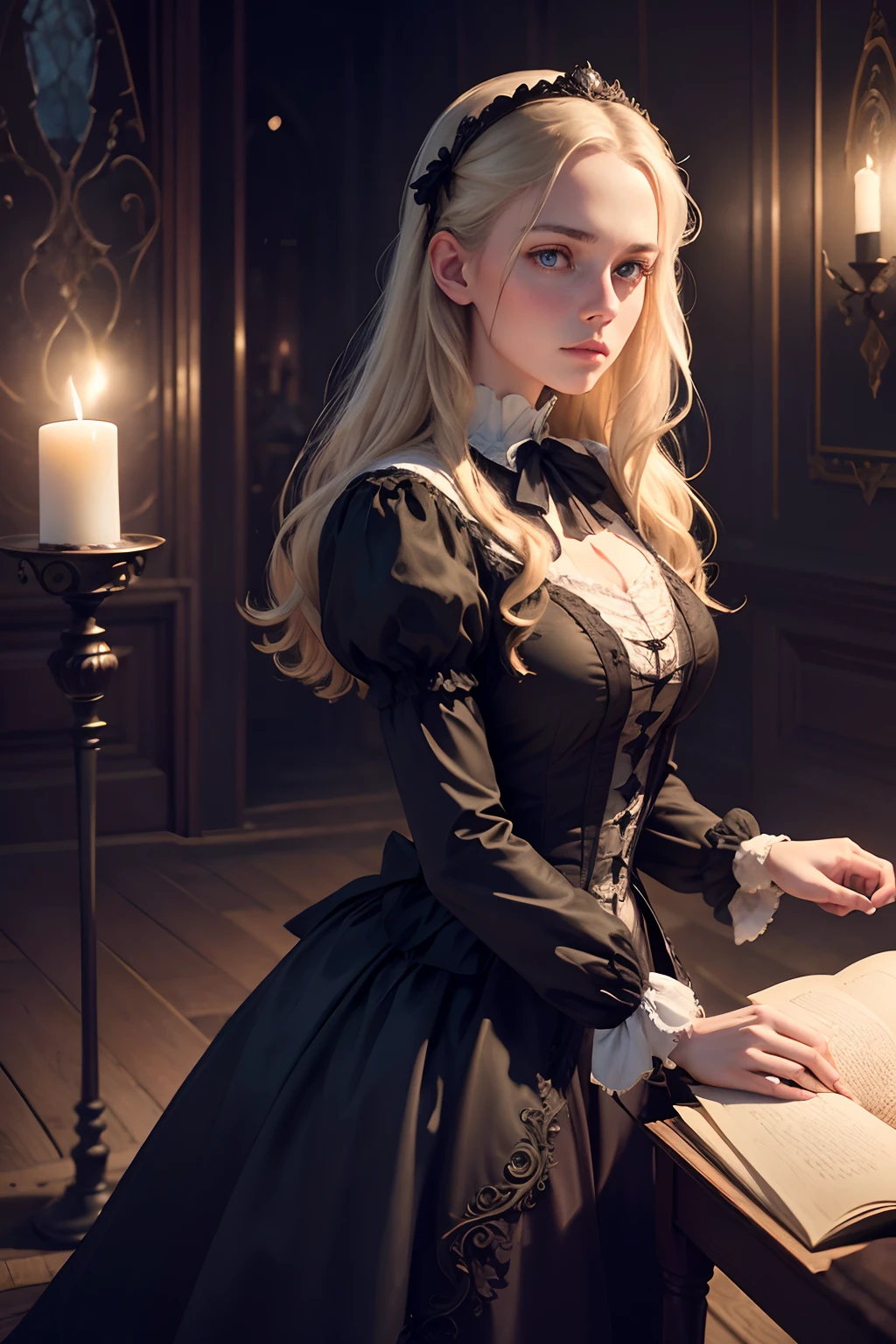 (best quality,4k,8k,highres,masterpiece:1.2),ultra-detailed,(realistic,photorealistic,photo-realistic:1.37),Virginia Otis, 15 years old (blond hair, blue eyes),thin,cute face,beautiful detailed eyes,beautiful detailed lips,extremely detailed eyes and face,long eyelashes,Victorian dark fantasy,walks at night in Canterville Castle,aged 1887,in a garden,moonlit scenery,whispering trees,dark shadows,haunting atmosphere,mysterious,gloomy,gothic vibes,antique architecture,eerie mood,dusty rooms,vintage furniture,dramatic lighting,cobblestone paths,engraved wooden doors,crimson velvet curtains,ornate chandeliers,old oil paintings,creaking floorboards,moonlight streaming through stained glass windows,secret passages,flickering candlelight,silence only broken by faint whispers,impression of ghostly presence,feeling of being watched,spine-tingling sensation,hidden secrets of the castle,spiritual realm,paranormal activities,unsettling atmosphere,haunted story.Dynamic pose, sexy dress.