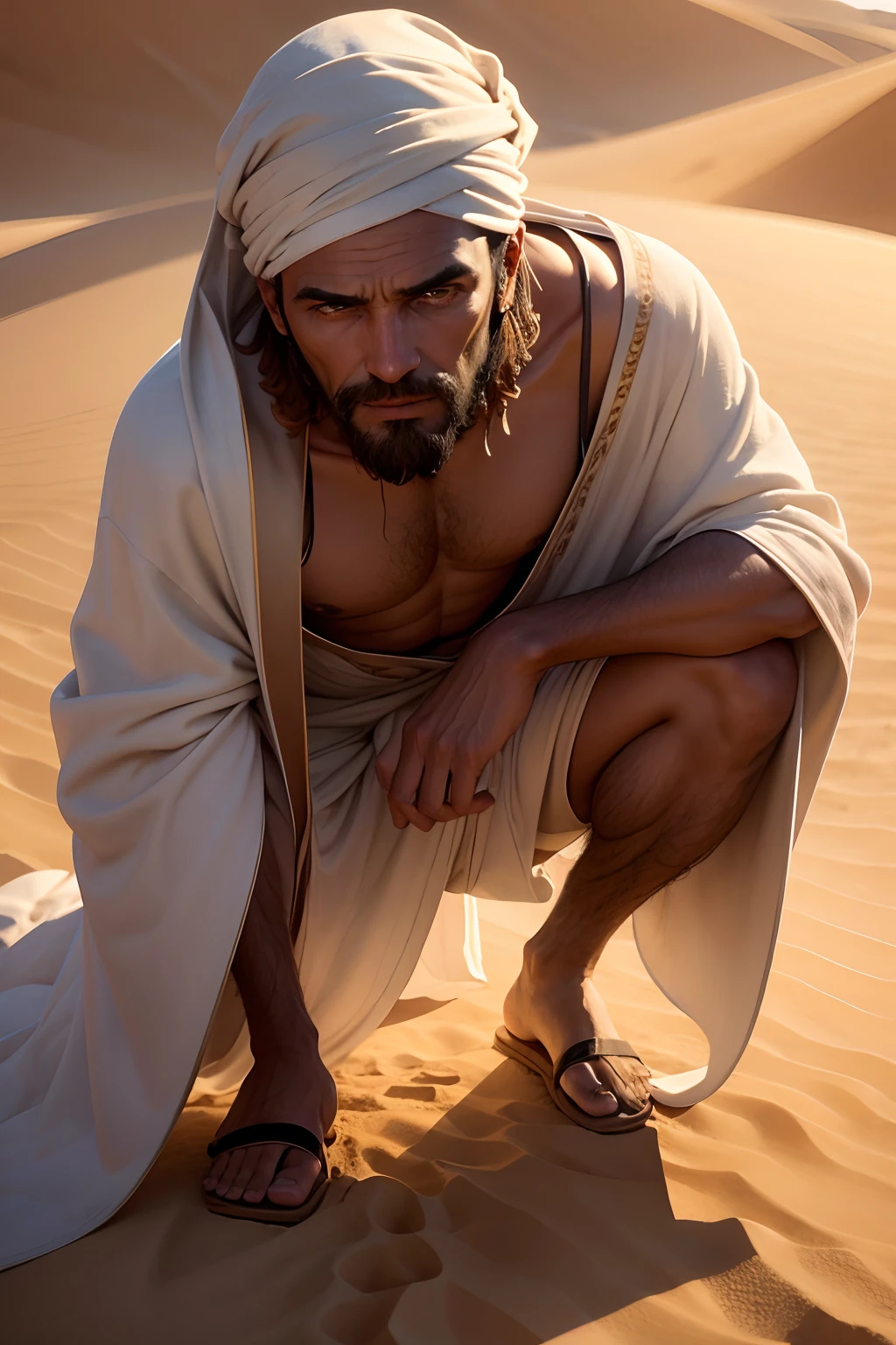 Close-up portrait of a man in robes standing on a desert dune looking at the viewer, com olhar de medo, reflexo de lente, sandals, Bandana 8K High Definition