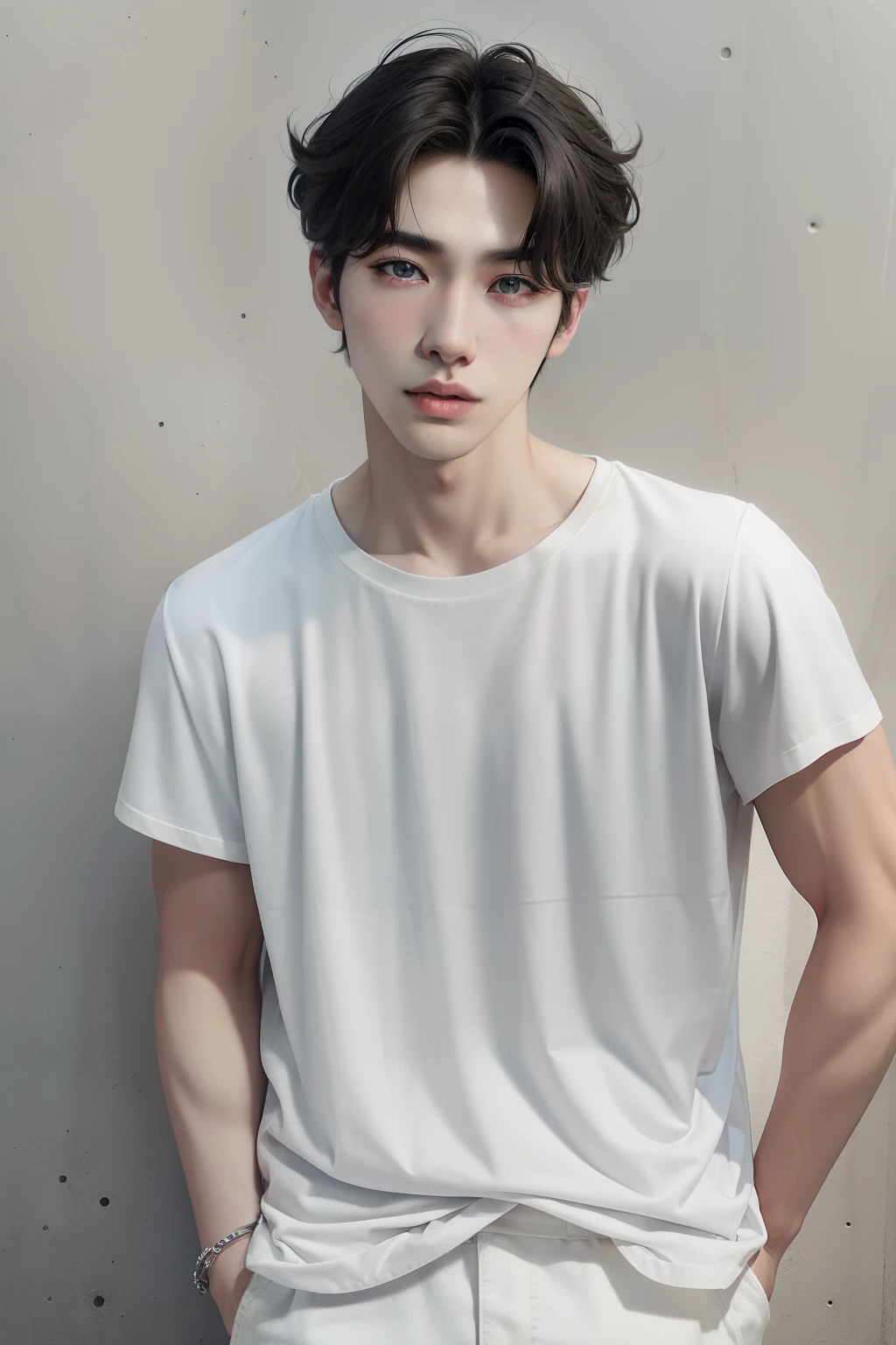 "Crie imagens realistas, High resolution photo with a handsome Korean guy, heterochromatic eye, He was wearing a baggy black T-shirt and white jeans..,nice skin,retrato de meio corpo,Abra-o..,cabelos branco claros curtos.,forte