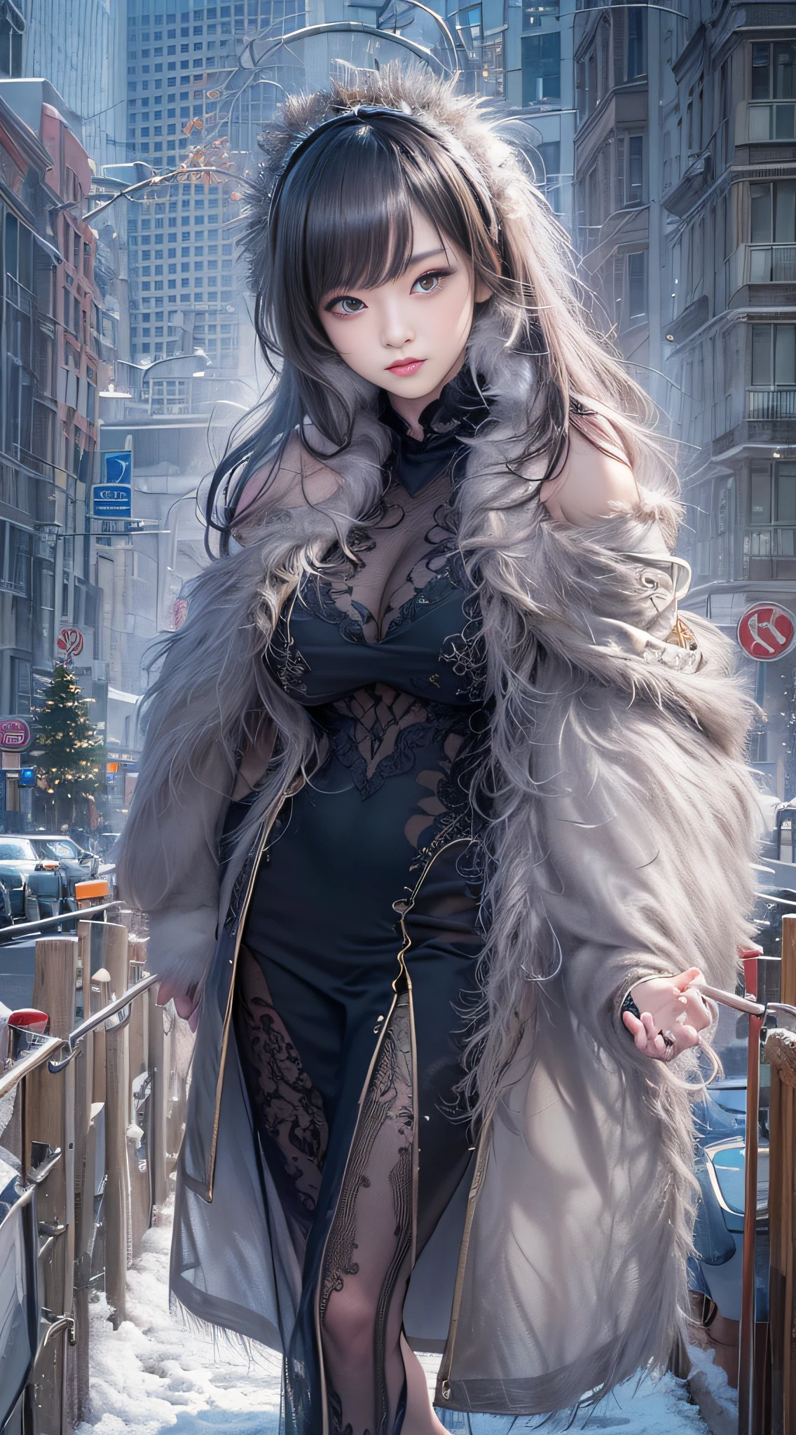 masterpiece,best quality,(photorealistic:1.4),(ultra detailed:1.3),(full body:1.4),(in winter:1.3),1girl,huayan,bare shoulders,solo,(see-through:1.2),(standing:1.2),(barefoot:1.2),(huge breasts:1.2),(sunlight:1.1),(city:1.3),(street:1.4),(outdoors:1.3),unity 8k wallpaper,blunt bangs,black hair,1girl,solo,