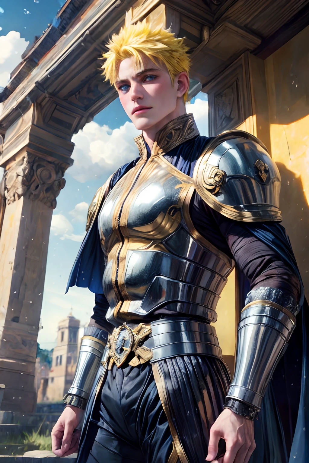 (Absurdres, intricate details, masterpiece, best quality, high resolution, 8k), GS-DeFeminize, (1man), (male:1.2), mature, dandy face, finely detailed eyes and face, athletic body, masculine appeal, commanding presence, ancient Roman man, Mediterranean, blue eyes, auburn crew cut hair, stubble shaving, frustrated, lavish details, lorica segmentata full armor, galea helmet, flutter cape, cinematic pose, rome city background, romanarmy, fantrome, roman soldier, roman city, roman pillars, romapunkai, Depth of Field, VFX, Focal Pull, High Angle Shot, Front Lighting, Tone-mapping, Ambient Occlusion, Secondary Fill Light, Spectacular Map, yellow hair, Uzumaki Naruto,Atmospheric Perspective.
