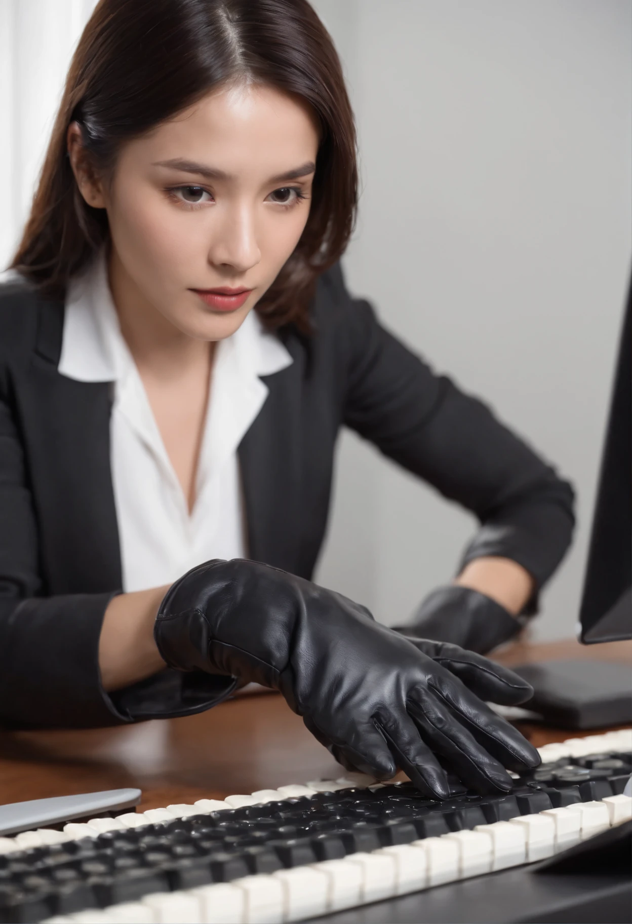 Wearing black leather gloves in both hands, upper body, black business suit, facing the desk in my room with a computer in the dark, tapping the keys of the computer keyboard with the fingertips of black leather gloves while looking at the screen, black hair bundled in the back for a long time, Japanese female new employee (black leather gloves cover both hands) (angle is in the front)