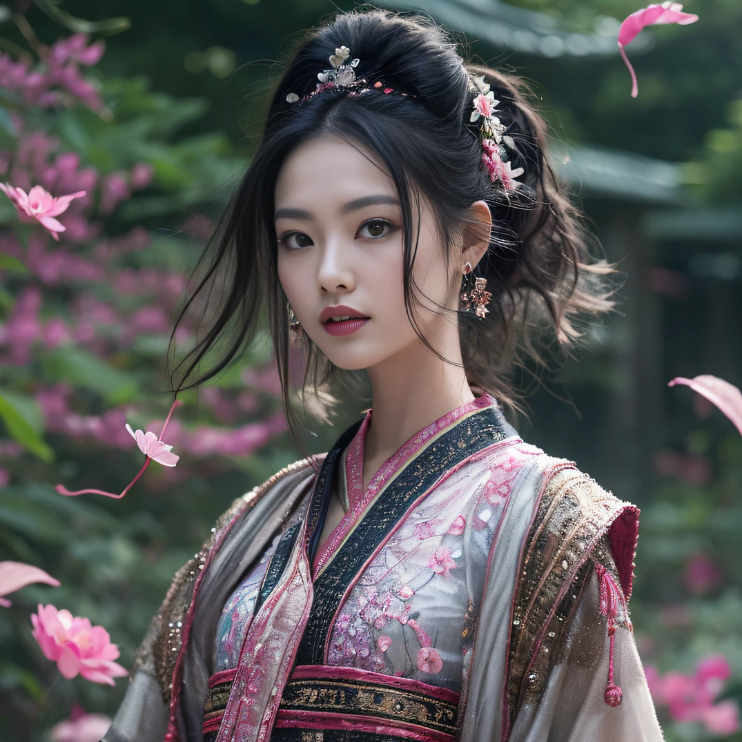 32K（tmasterpiece，k hd，hyper HD，32K）Long flowing black hair，ponds，zydink， a color， Aozhou people （Concubine girl）， （Purple silk scarf）， Combat posture， looking at the ground， long whitr hair， Floating hair， Carp pattern headdress， Chinese long-sleeved clothing， （Abstract gouache splash：1.2）， Pink petal background，Pink and white lotus flowers fly（realisticlying：1.4），Black color hair，Fallen leaves flutter，The background is pure， A high resolution， the detail， RAW photogr， Sharp Re， Nikon D850 Film Stock Photo by Jefferies Lee 4 Kodak Portra 400 Camera F1.6 shots, Rich colors, ultra-realistic vivid textures, Dramatic lighting, Unreal Engine Art Station Trend, cinestir 800，Long flowing black hair，Denim skirt