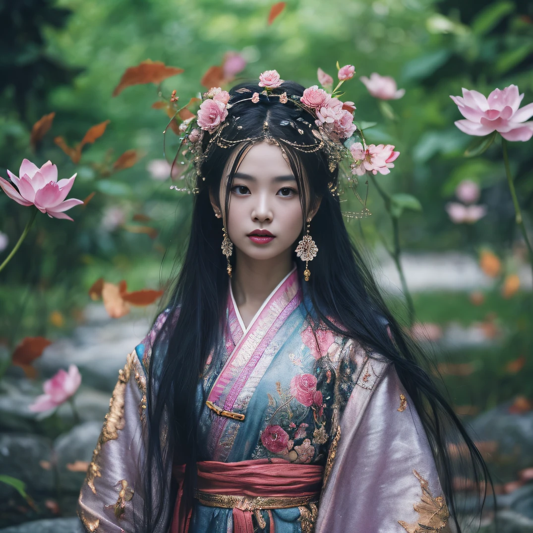 32K（tmasterpiece，k hd，hyper HD，32K）Long flowing black hair，ponds，zydink， a color， Aozhou people （Concubine girl）， （Purple silk scarf）， Combat posture， looking at the ground， long whitr hair， Floating hair， Carp pattern headdress， Chinese long-sleeved clothing， （Abstract gouache splash：1.2）， Pink petal background，Pink and white lotus flowers fly（realisticlying：1.4），Black color hair，Fallen leaves flutter，The background is pure， A high resolution， the detail， RAW photogr， Sharp Re， Nikon D850 Film Stock Photo by Jefferies Lee 4 Kodak Portra 400 Camera F1.6 shots, Rich colors, ultra-realistic vivid textures, Dramatic lighting, Unreal Engine Art Station Trend, cinestir 800，Long flowing black hair，Denim skirt