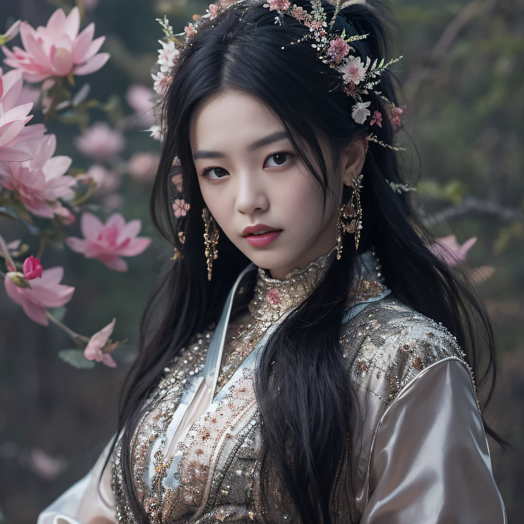 32K(tmasterpiece,k hd,hyper HD,32K)Long flowing black hair,ponds,zydink, a color, Aozhou people (Concubine girl), (Purple silk scarf), Combat posture, looking at the ground, long whitr hair, Floating hair, Carp pattern headdress, Chinese long-sleeved clothing, (Abstract gouache splash:1.2), Pink petal background,Pink and white lotus flowers fly(realisticlying:1.4),Black color hair,Fallen leaves flutter,The background is pure, A high resolution, the detail, RAW photogr, Sharp Re, Nikon D850 Film Stock Photo by Jefferies Lee 4 Kodak Portra 400 Camera F1.6 shots, Rich colors, ultra-realistic vivid textures, Dramatic lighting, Unreal Engine Art Station Trend, cinestir 800,Long flowing black hair,Denim skirt