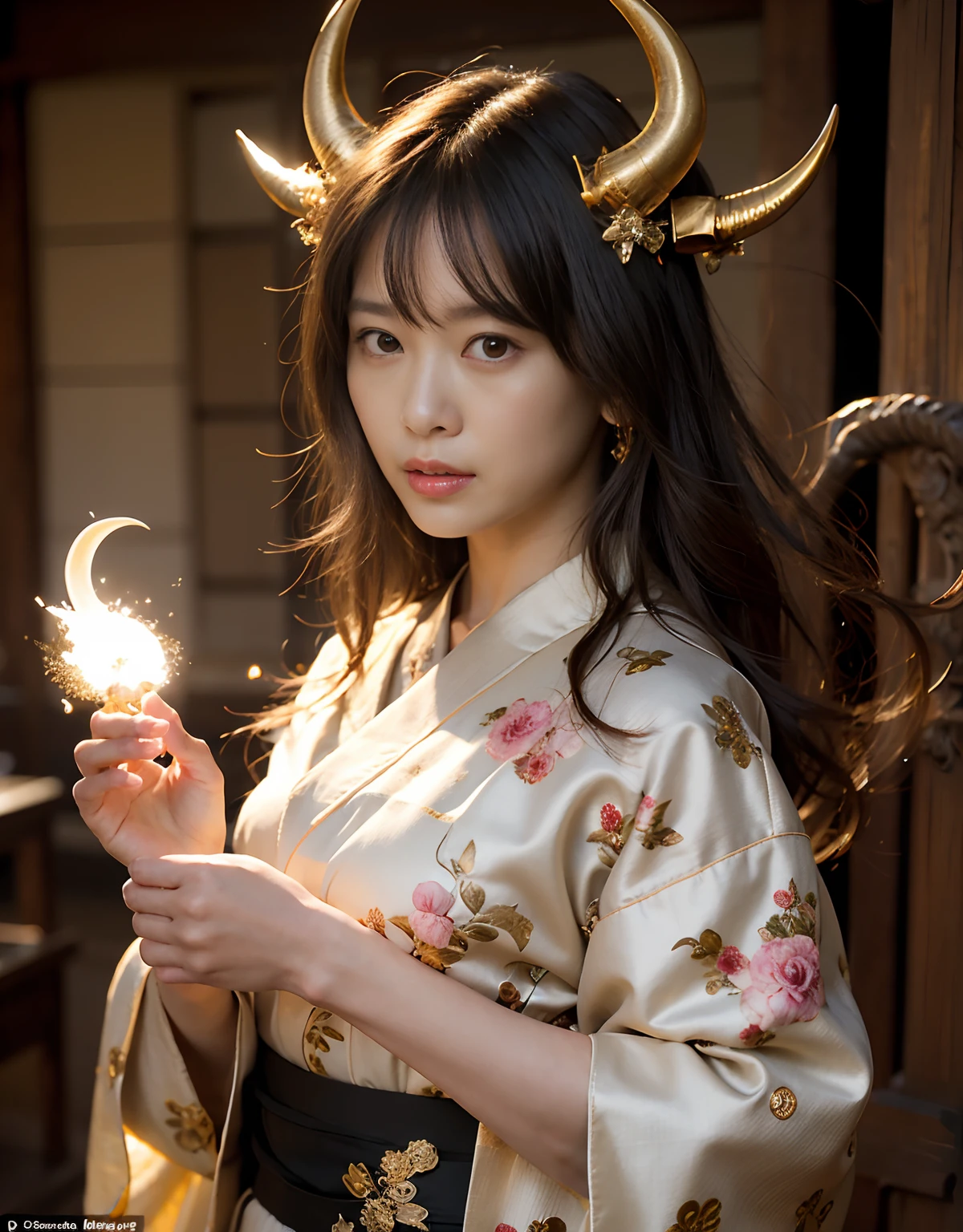 ((World of Darkness)),Professional , ​masterpiece、top-quality、photos realistic , depth of fields 、Dark Fantasy、（）、（shooting stars：0.9）、（nebulas：1.3）、A dark-haired、（White bikini armor)、（Mystical expression）、（The fox has five tails）（（Fight dragons））,(Wear a beautiful kimono),（Wear a beautiful kimono with colorful floral patterns）、Jewel Gold Weapon、Particles of light),（Has a devil's mask）、Gorgeous gold weapons ,（（ Gorgeous Dragon Sword）） , （Fox Mask） 、（（Black Haired Beautiful Girl））、（Castle background）、（demonic wings）、（（Gangle's forest background））、Beautiful Caucasian beauty、１a person、dynamic ungle,(((Two devil's horns on the head)))、Smaller head、Idle Smile、Thin and beautiful female hands、Mystical expression、Light Effects、intense fighting、Wind-effect、magic circles、With the legendary magic wand、Dragon's tail、