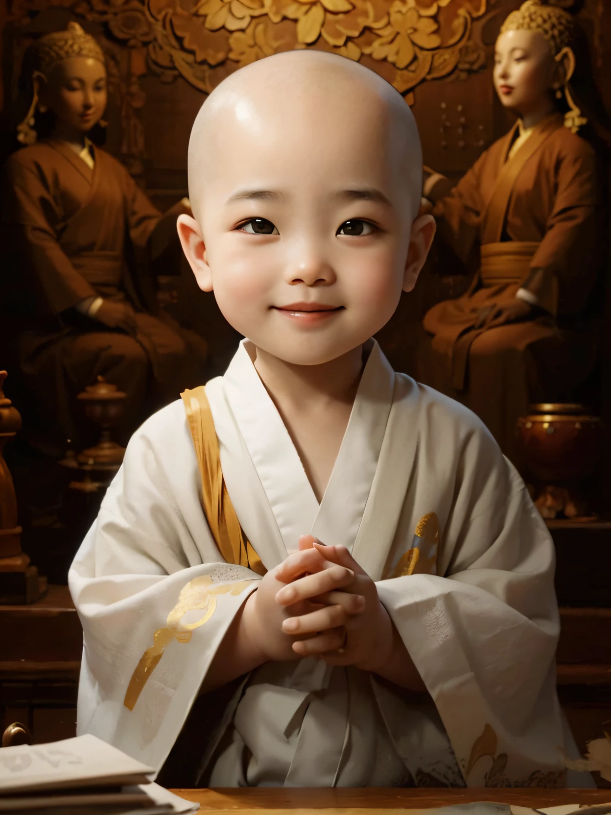 A 3--old d monk，Wearing a white monk's robe，Chubby little face，Big round eyes，A  High Bridge of nose，With a smile，had his hands folded，Sit cross-legged。Lotus pattern on background。k hd
