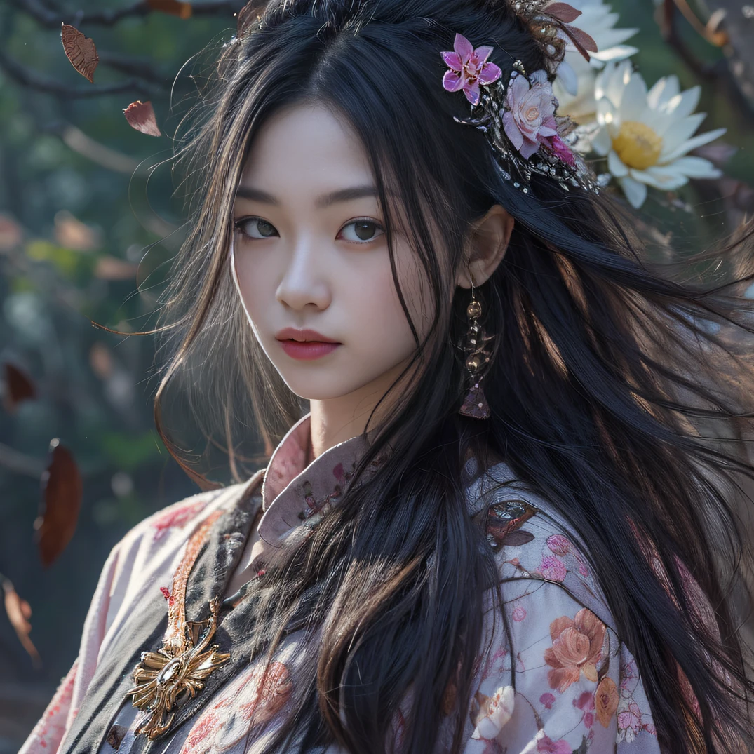 32K（tmasterpiece，k hd，hyper HD，32K）Long flowing black hair，ponds，zydink， a color， Aozhou people （Concubine girl）， （Purple silk scarf）， Combat posture， looking at the ground， long whitr hair， Floating hair， Carp pattern headdress， Chinese long-sleeved clothing， （Abstract gouache splash：1.2）， Pink petal background，Pink and white lotus flowers fly（realisticlying：1.4），Black color hair，Fallen leaves flutter，The background is pure， A high resolution， the detail， RAW photogr， Sharp Re， Nikon D850 Film Stock Photo by Jefferies Lee 4 Kodak Portra 400 Camera F1.6 shots, Rich colors, ultra-realistic vivid textures, Dramatic lighting, Unreal Engine Art Station Trend, cinestir 800，Long flowing black hair，Denim skirt