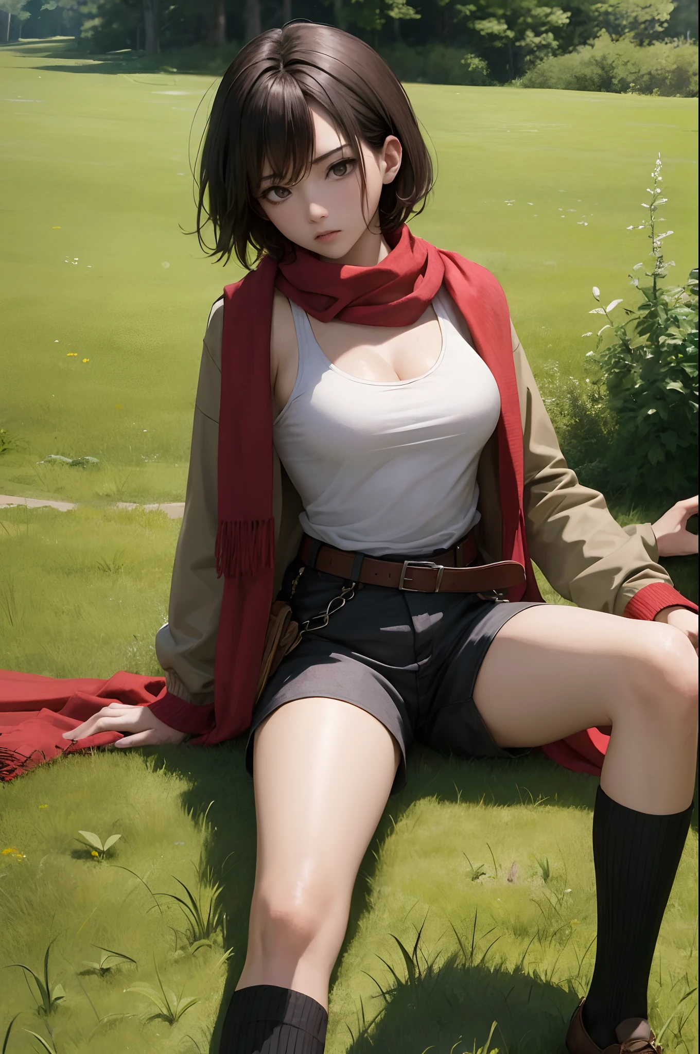 (masterpiece), best quality, expressive eyes, perfect face, outdoor in the woods, (1 girl),
medium breasts, collarbone, hmmikasa, short hair, black eyes, scarf, red scarf, emblem, belt, thigh strap, black shorts , long sleeves, brown jacket, (laying on the grass , (on back), full body,almost exposed tits), (sweating), exhausted expression