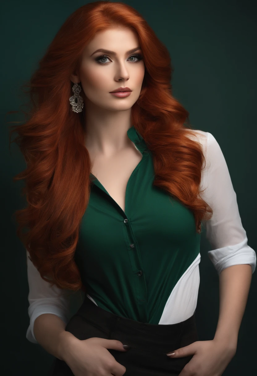 professional, (4k photo:1.1) , high detail, wearing (tight shirt:1.2), beautiful detailed face, an attractive woman with long red hair looks into the camera, looking like actress Katherine McNamara, anne stokes, color splash, dark orange and dark emerald, ferrania p30, photo realistic, (attractive young woman:1.3), (seductive:1.1), (blushing:1.1), hourglass body shape, big round breasts, wide hips, in background city
