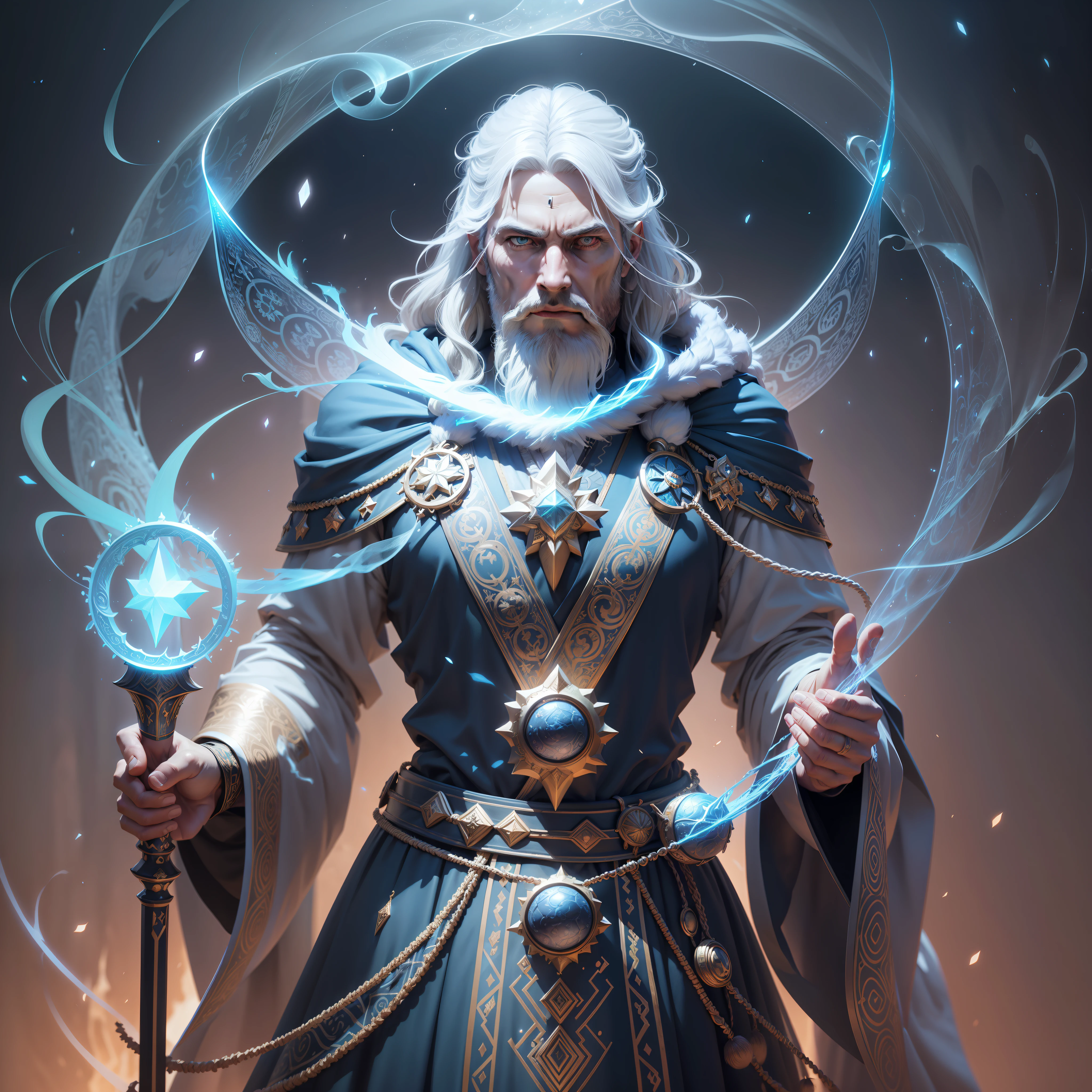 midjourny-v4 style, Professional Photoshot medium a male mage, tunic over head, beard and white hair, holding shiny staff, ancient mystical time lord, archmage, legendary god with light blue tunic and highly detailed white intricate, time father, beautiful celestial mage, spell casting, a huge giant celestial god, hermes trismegistus, portrait of a wizard, moon god,  highly detailed beautiful face, standing in darkness with black particles surrounding the body, proportional body shape + perfect anatomy, symmetrical dynamic pose, volumetric shadow, neon effect of bright dust particles + detailed particles, render full hd + 3D octane render + unreal motor 5 4k UHD graphic + immense detail + dramatic lighting + well lit + intricate + fine details + octane render + Ray tracing + 8k + sharp focus + high vibrant contrast,  in DC style, trend in ArtStation