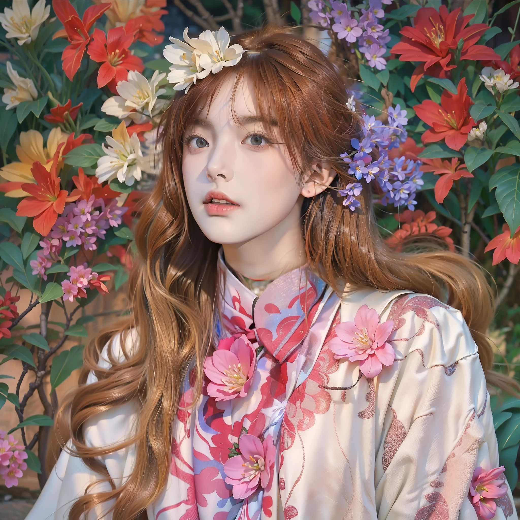 Surrealist portraits of women by David Hockney and Alphonse Mucha，Fantasyart，photographrealistic，动态照明，artstation，poster for，Volumetriclighting，Very detailed faces，4 k，Award-Awarded，，1girl，in the darkness nigth，deep shading，low tune，White floral dress,(formal outfit:1.4),long whitr hair,Brownish-red hair