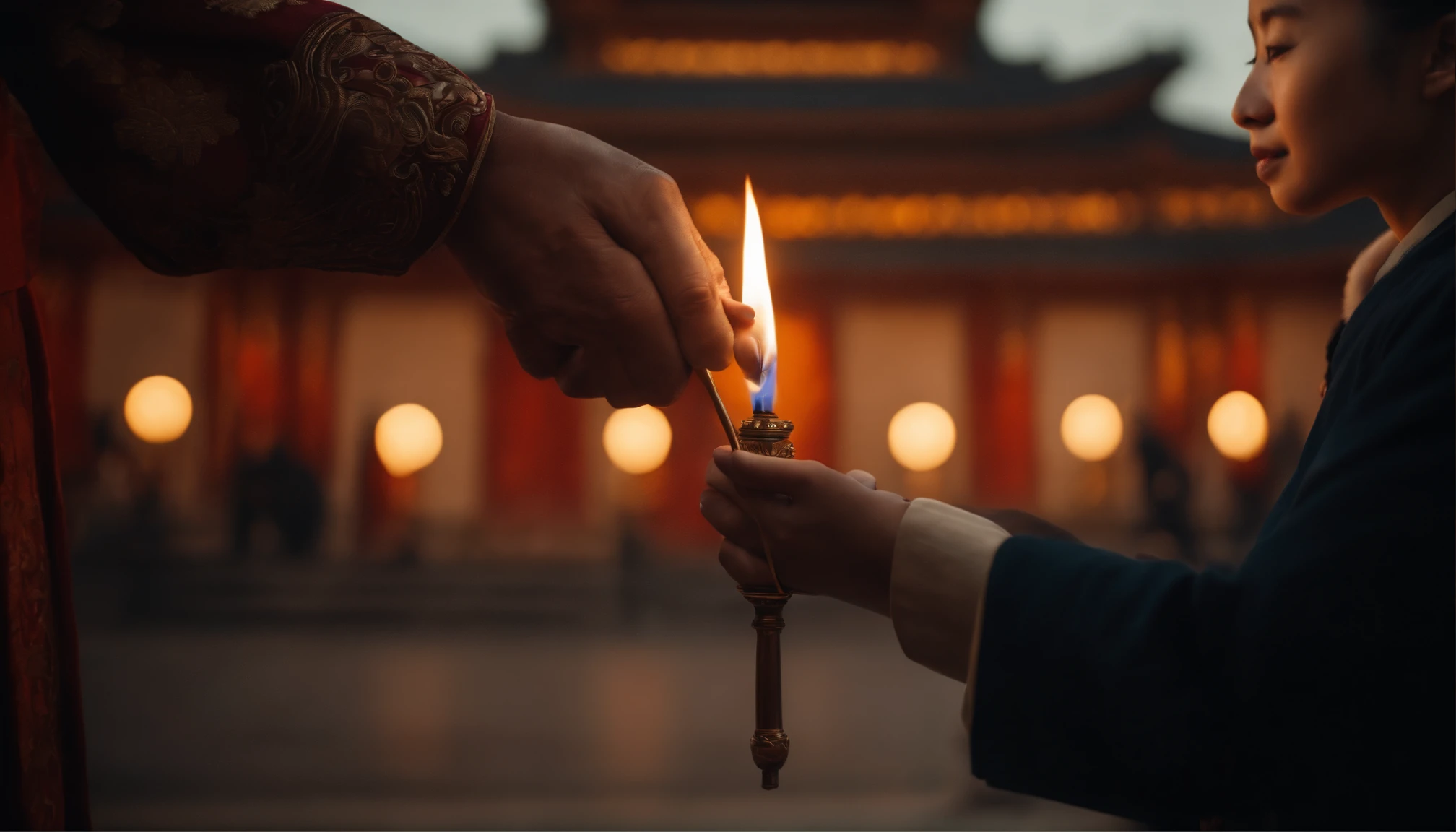 Two people, one old and one young, Hand in hand, hand over the torch, symbolizing inheritance and warmth The background is a Chinese-style palace building