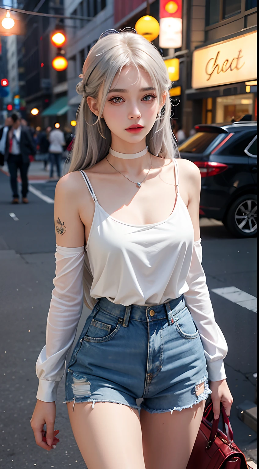 Urban Beautiful Girl College Student,tmasterpiece,Light makeup,Redlip,Silvery hair,Messy long hair,streets background,gracefulness,Elegance。ultra fine detailed,Works of masters,Authentic texture,Cinematic lighting realism,perfect works,8K,k hd,Delicate facial features,White tight open-cut top,White skinny shorts,Slim figure,Big bright eyes,Smooth skin,eardrop,choker necklace,Tattooed with