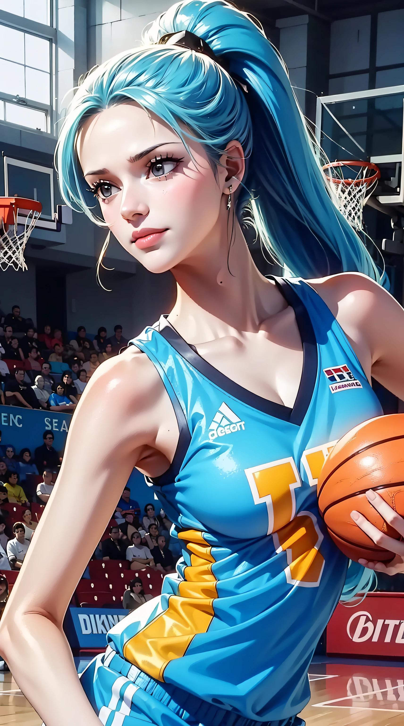 NefertariViviV3, long hair, light blue hair, ponytail, beautiful, beautiful woman, perfect body, perfect breasts, wearing a basketball jersey, on the basketball court, holding a basketball, basketball hoop, looking at the audience, smiling slightly, realism, masterpiece, textured leather, super detailed, high detail, high quality, best quality, 1080p, 16k