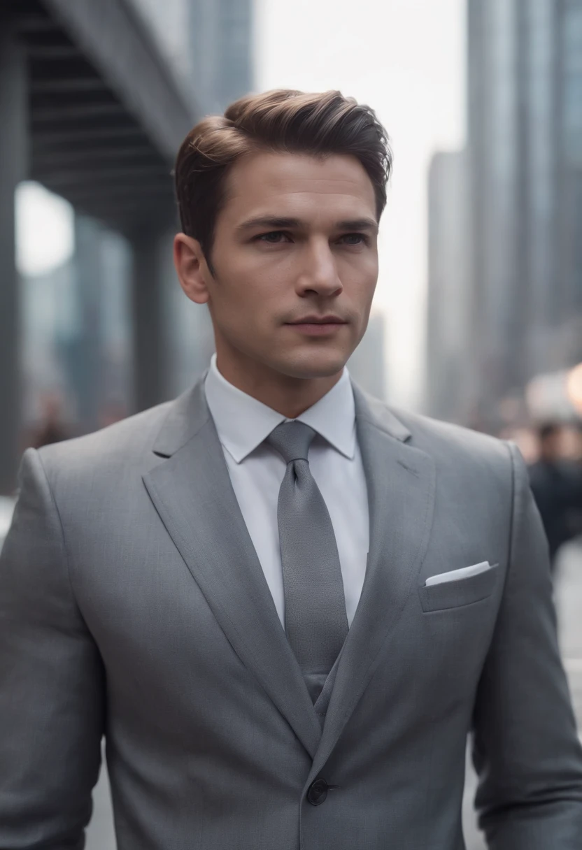 video game concept art showing an unassuming spy, wearing a grey suit. standing in broad daylight on a busy city street in the year 2035. Depth of field.