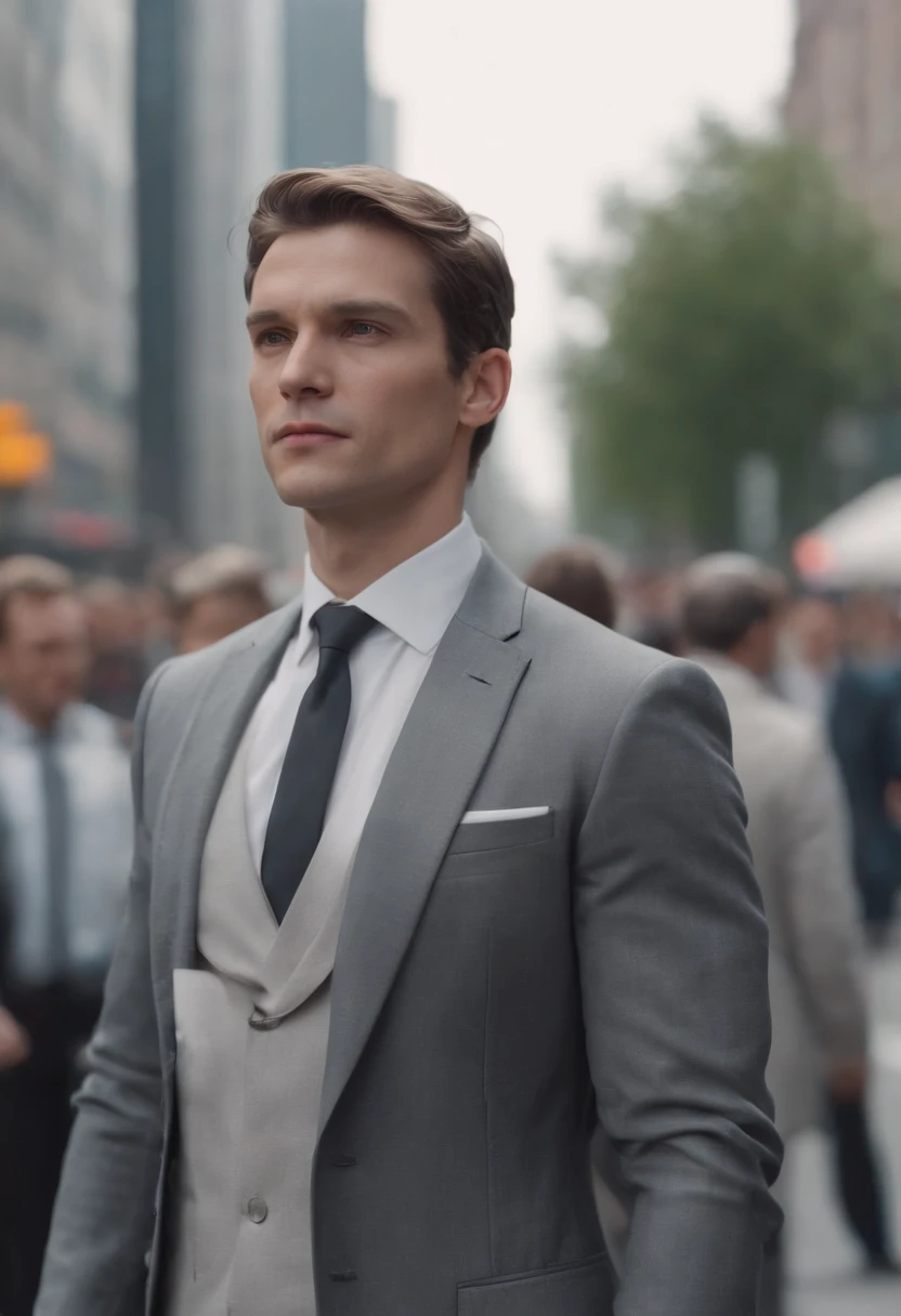 video game concept art showing an unassuming spy, wearing a grey suit. standing in broad daylight on a busy city street in the year 2035. Depth of field.