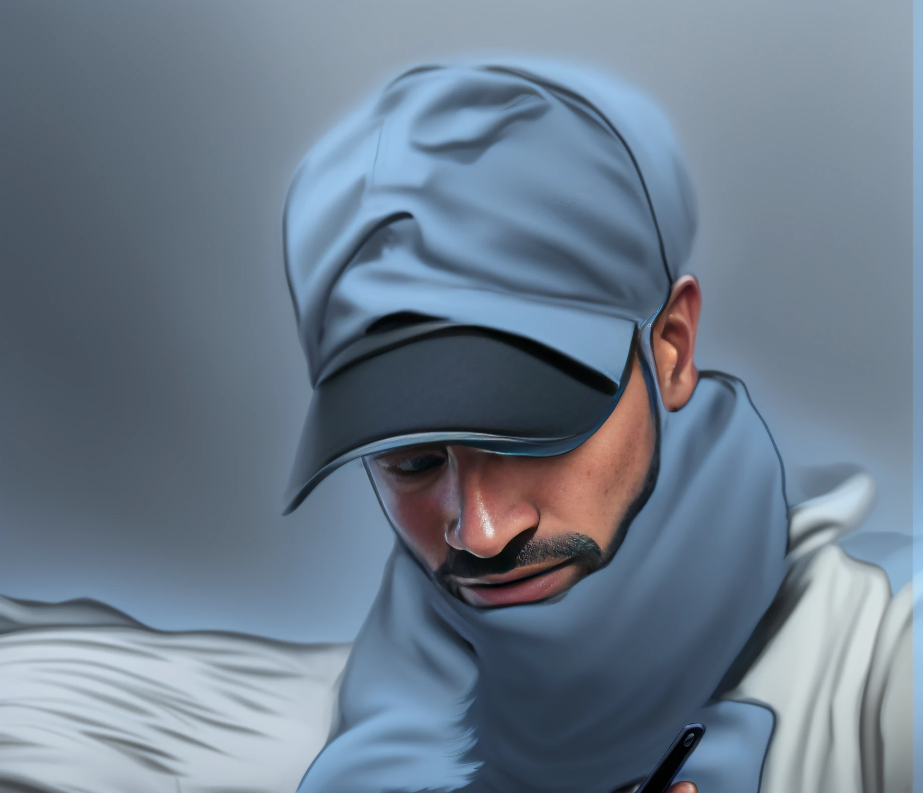 painting of a man in a baseball cap and scarf looking at his cell phone, digital art but photo, profile pic, #1 digital painting of all time, # 1 digital painting of all time, drawn with photoshop, stylized digital art, digital art but as photography, digital art picture, digital matt painting, digitally painting, nft portrait, digital sketch