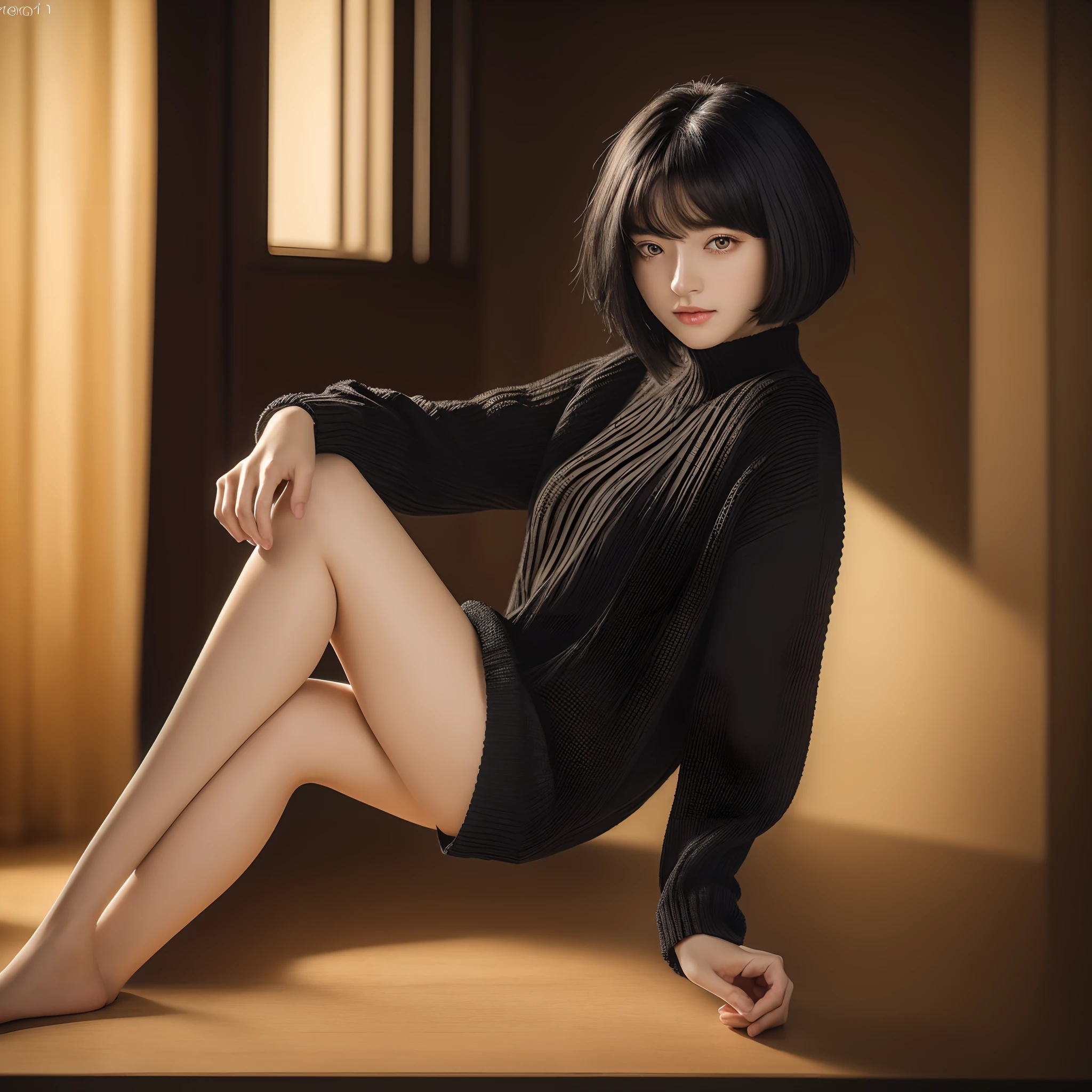 (masterpiece:1.3), (8k, photorealistic, RAW photo, best quality: 1.4), (1girl), beautiful face, (realistic face), (black hair, short hair:1.3), beautiful hairstyle, realistic eyes, beautiful detailed eyes, (realistic skin), beautiful skin, (sweater), absurdres, attractive, ultra high res, ultra realistic, highly detailed, golden ratio