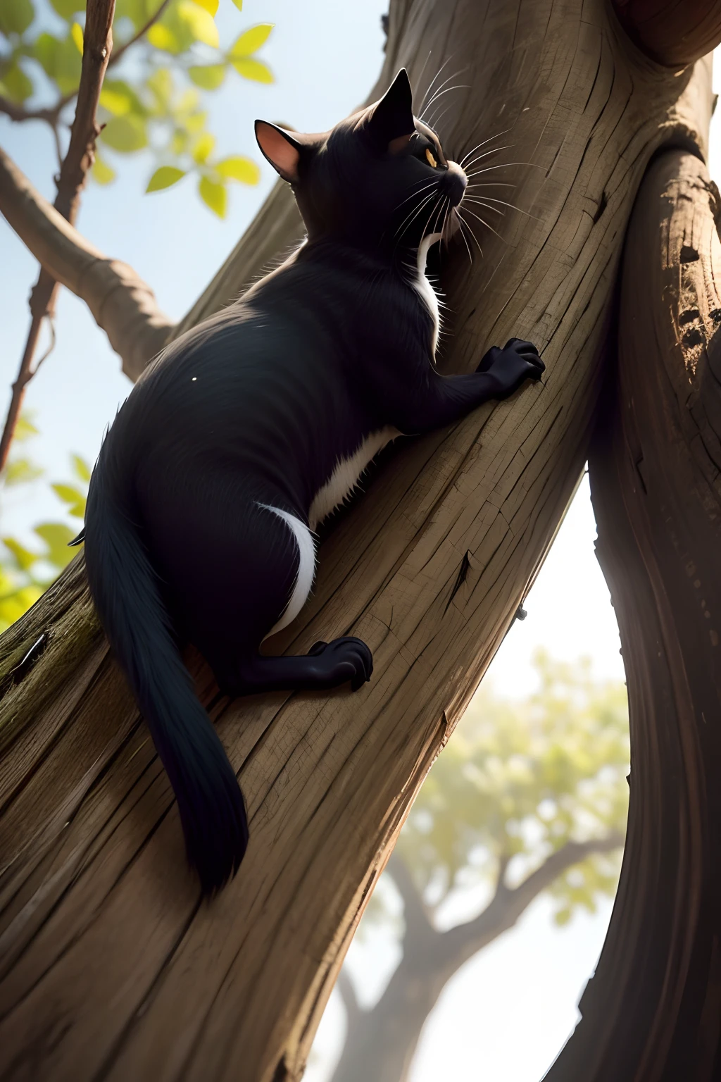 Uma imagem de Felix, o gato preto, climbing a tree to rescue the squirrel.