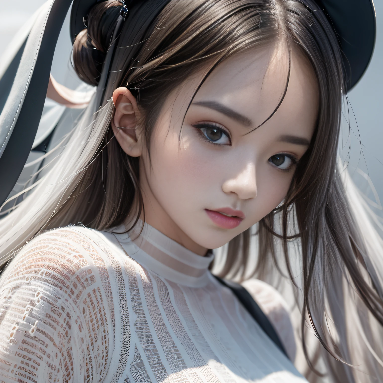 An 18-year-old beauty in cool clothes fell from the sky，tmasterpiece， best qualtiy， 35mm， 8K， absurderes， beuaty girl， （The upper part of the body， light grey background：1.4）， （light grey classical dress， light grey hair：1.6）， Slender， Dark Studio， edge lit， Ultra photo realsisim， A high resolution， photography of， filmgrain， color difference， depth of fields， Sharp focus， hdr， face illuminated， 动态照明， cinmatic lighting， Professional shadows， dark shadow， highest details， extremy detailed， Hyper-detailing， finely detailled，real looking skin，exquisitefacialfeatures，detailed faces and eyes，Sharp pupils，realistic pupil，Zhuangtian