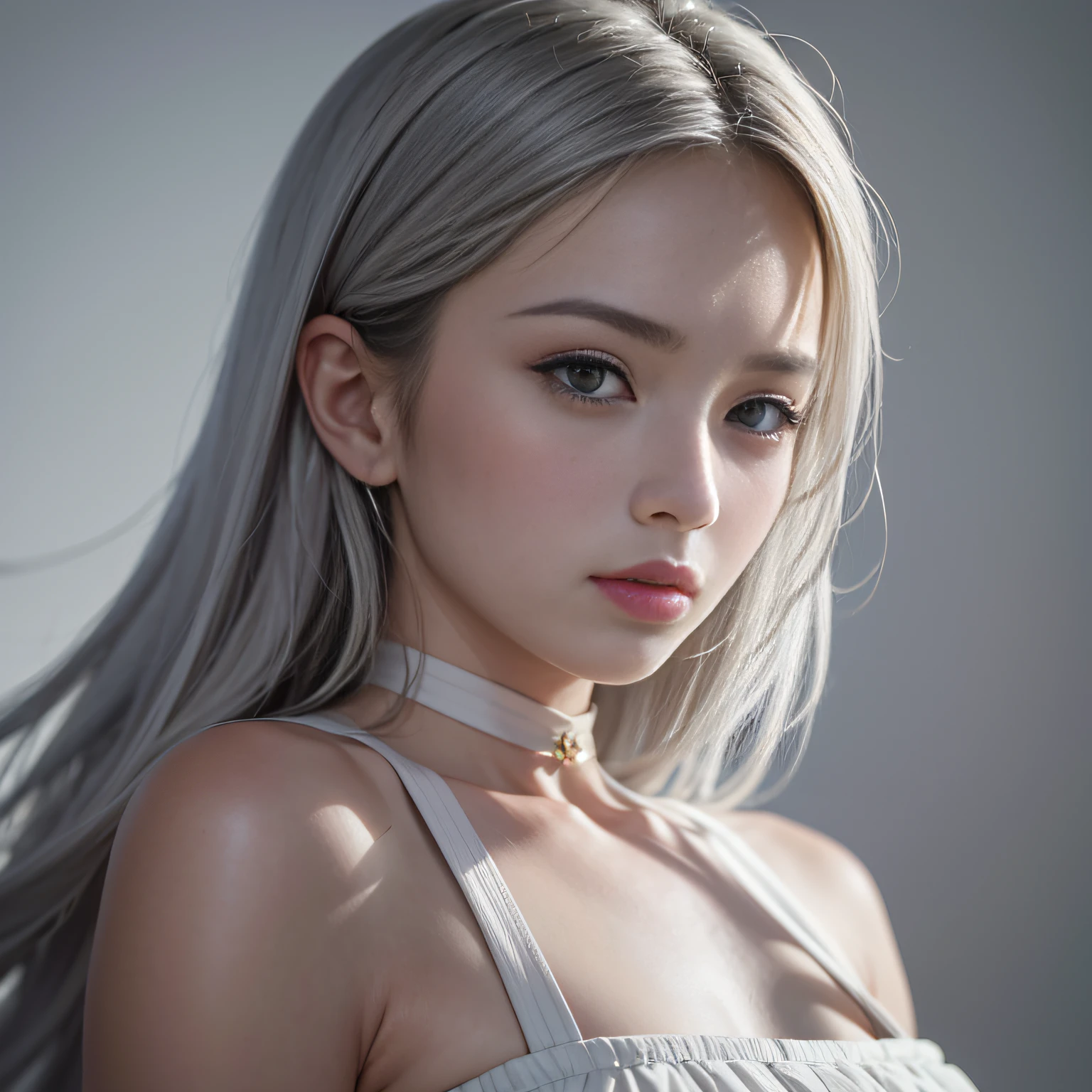 An 18-year-old beauty in cool clothes fell from the sky，tmasterpiece， best qualtiy， 35mm， 8K， absurderes， beuaty girl， （The upper part of the body， light grey background：1.4）， （light grey classical dress， light grey hair：1.6）， Slender， Dark Studio， edge lit， Ultra photo realsisim， A high resolution， photography of， filmgrain， color difference， depth of fields， Sharp focus， hdr， face illuminated， 动态照明， cinmatic lighting， Professional shadows， dark shadow， highest details， extremy detailed， Hyper-detailing， finely detailled，real looking skin，exquisitefacialfeatures，detailed faces and eyes，Sharp pupils，realistic pupil，Zhuangtian