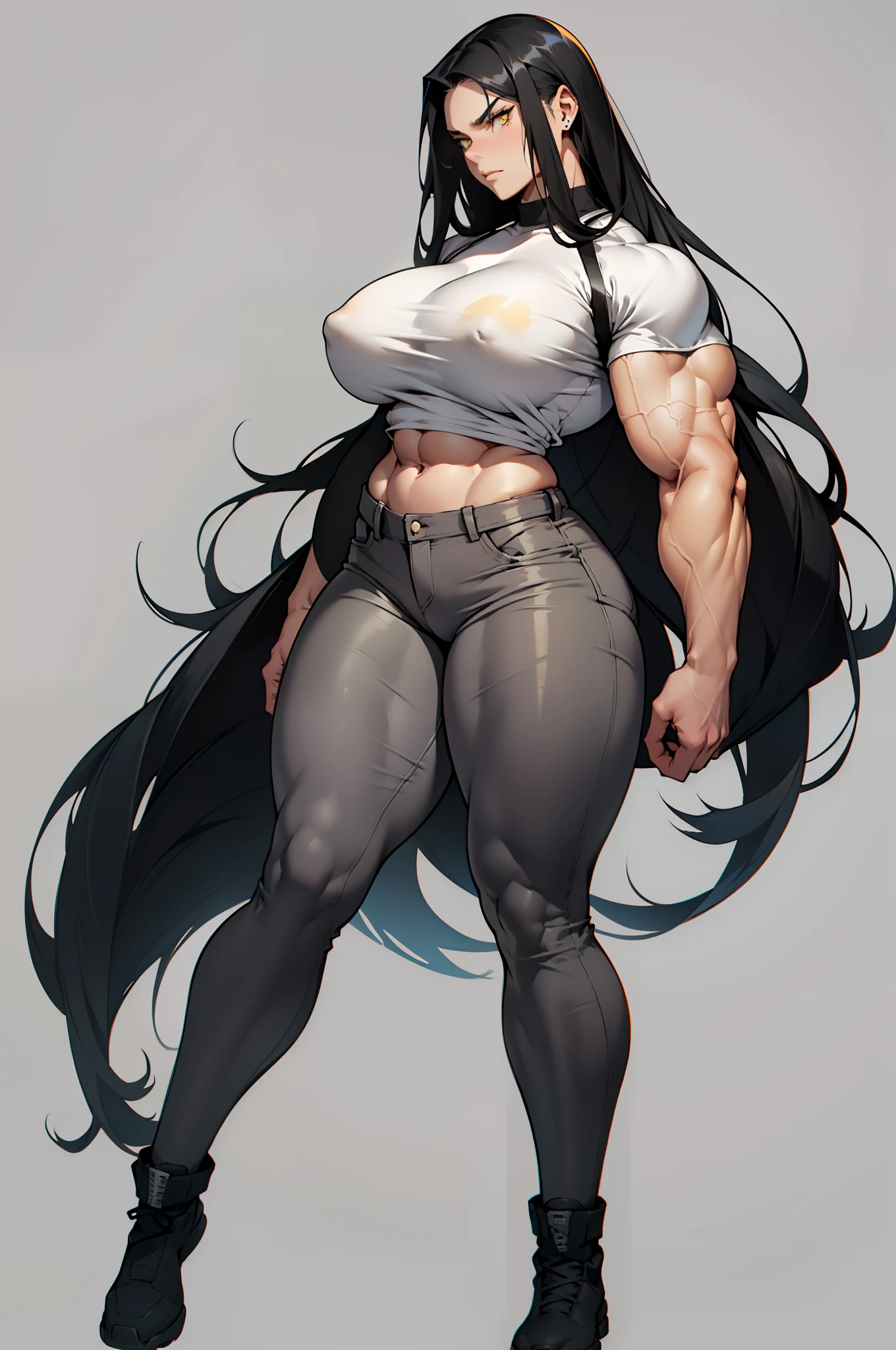 ((grey background)), solo, ((((1 girl)))), very long hair, black hair, angry, yellow eyes, (((((muscular))))), (huge tits), (thick thighs), (wide hips), (full body), pale skin, (tight shirt), (tight pants), standing, slick hair