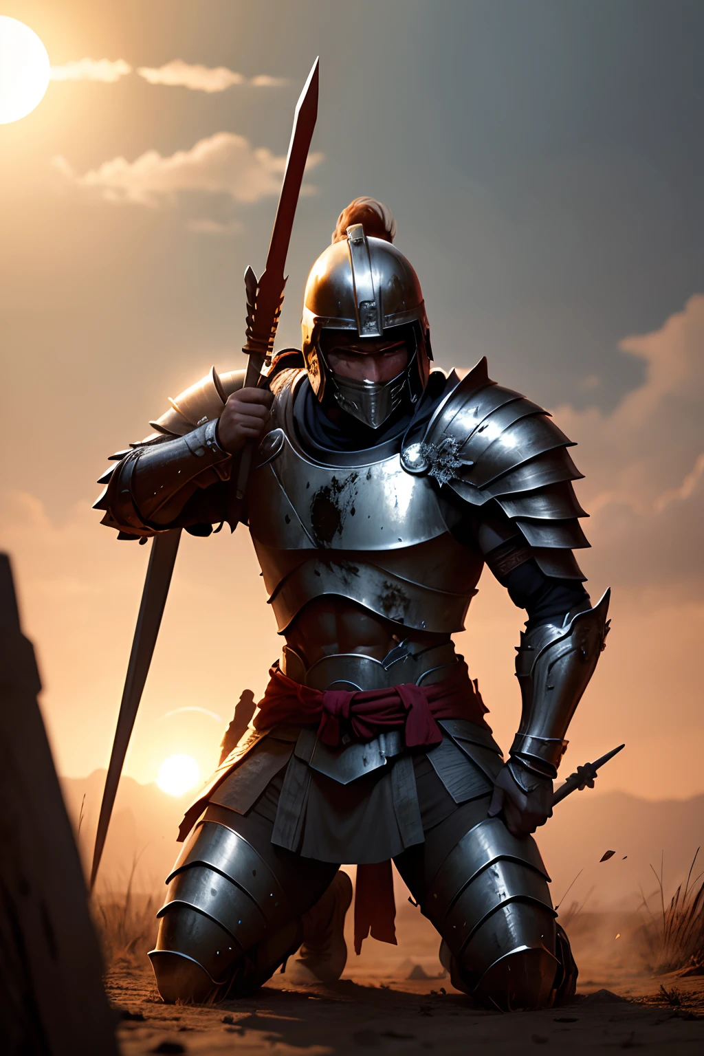 Spartan warrior, bloody armor, Battles on the battlefield, On his knees, Facing the front, Seriously injured and exhausted、the morning sun。Will to fight