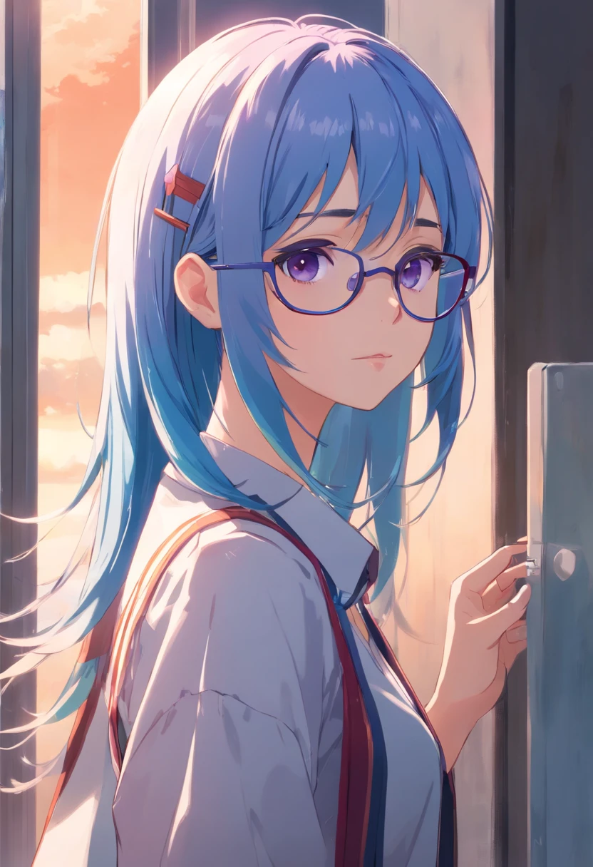 Solo, (((Masterpiece, Best quality))) ,  (From the side Side:0.95), black shadows_plum, Li Dousha, Panda_hor ears, bangs, Bare_bshoulders, Blue_Eyes, eye glass_On_Head, Hair_between_Eyes, Long_Hair,  sunglasses, Very_Long_Hair, 1girll, [White hair, Striped hair, Blue hair],