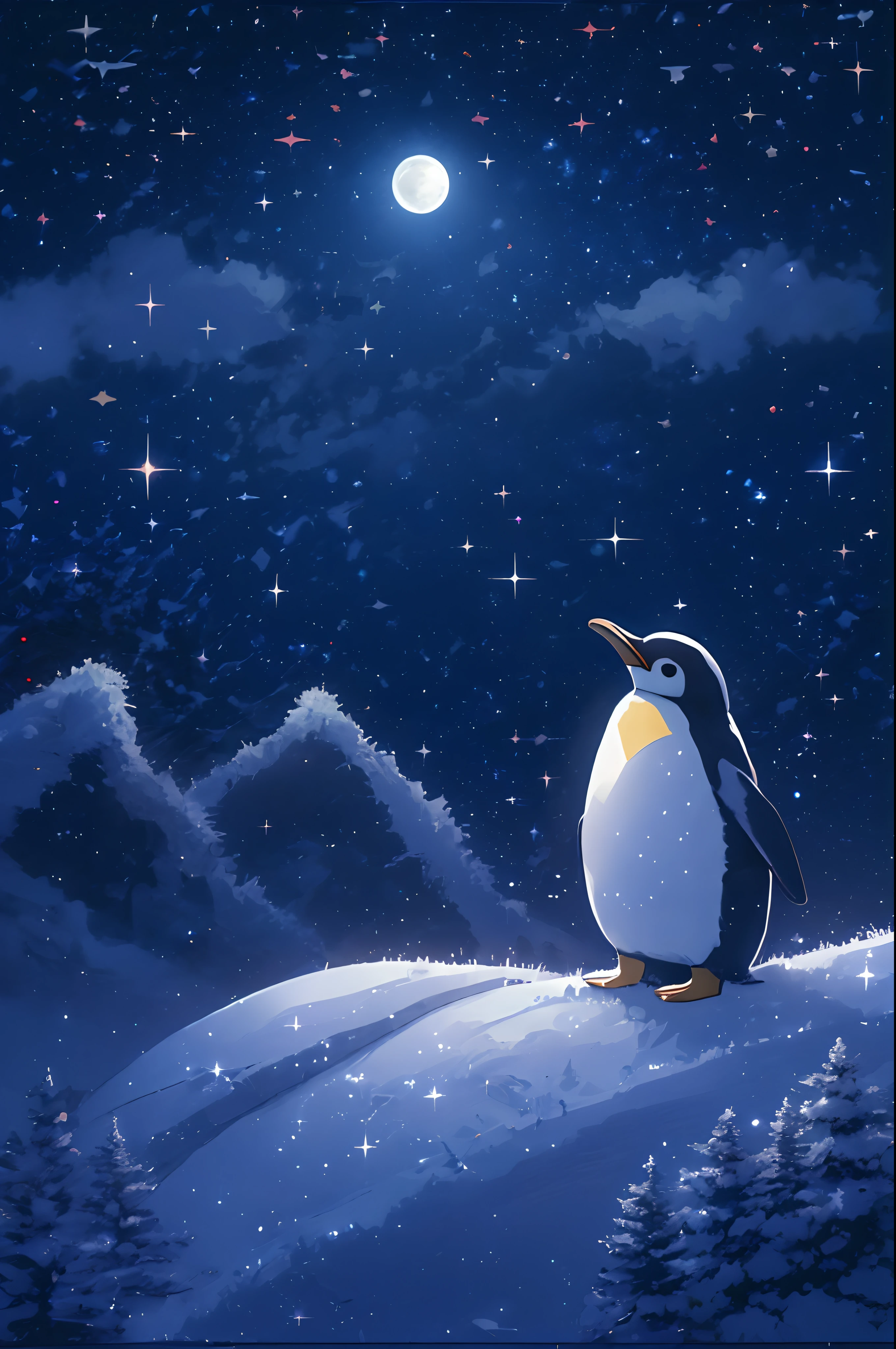 There is a little penguin sitting on a snow-covered hill under the stars, calm night. Digital Illustration, in the starry night, Dreamy night, Moon and stars, Night under the stars, Adorable Digital Painting, Moon and stars, starry nights, cute detailed digital art, Looking up at the stars, In the clear night sky, starrysky, dreamy illustration