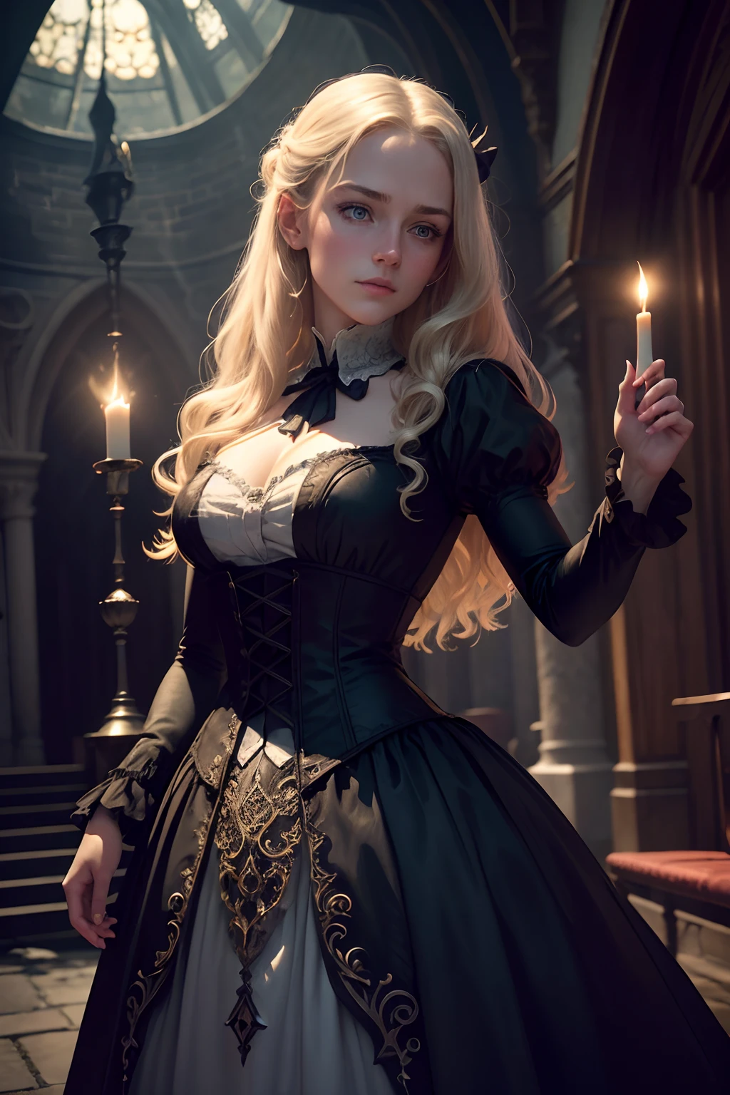 (best quality,4k,8k,highres,masterpiece:1.2),ultra-detailed,(realistic,photorealistic,photo-realistic:1.37),Virginia Otis, 15 years old (blond hair, blue eyes),thin,cute face,beautiful detailed eyes,beautiful detailed lips,extremely detailed eyes and face,long eyelashes,Victorian dark fantasy,walks at night in Canterville Castle,aged 1887,in a garden,moonlit scenery,whispering trees,dark shadows,haunting atmosphere,mysterious,gloomy,gothic vibes,antique architecture,eerie mood,dusty rooms,vintage furniture,dramatic lighting,cobblestone paths,engraved wooden doors,crimson velvet curtains,ornate chandeliers,old oil paintings,creaking floorboards,moonlight streaming through stained glass windows,secret passages,flickering candlelight,silence only broken by faint whispers,impression of ghostly presence,feeling of being watched,spine-tingling sensation,hidden secrets of the castle,spiritual realm,paranormal activities,unsettling atmosphere,haunted story.Dynamic pose, sexy dress.