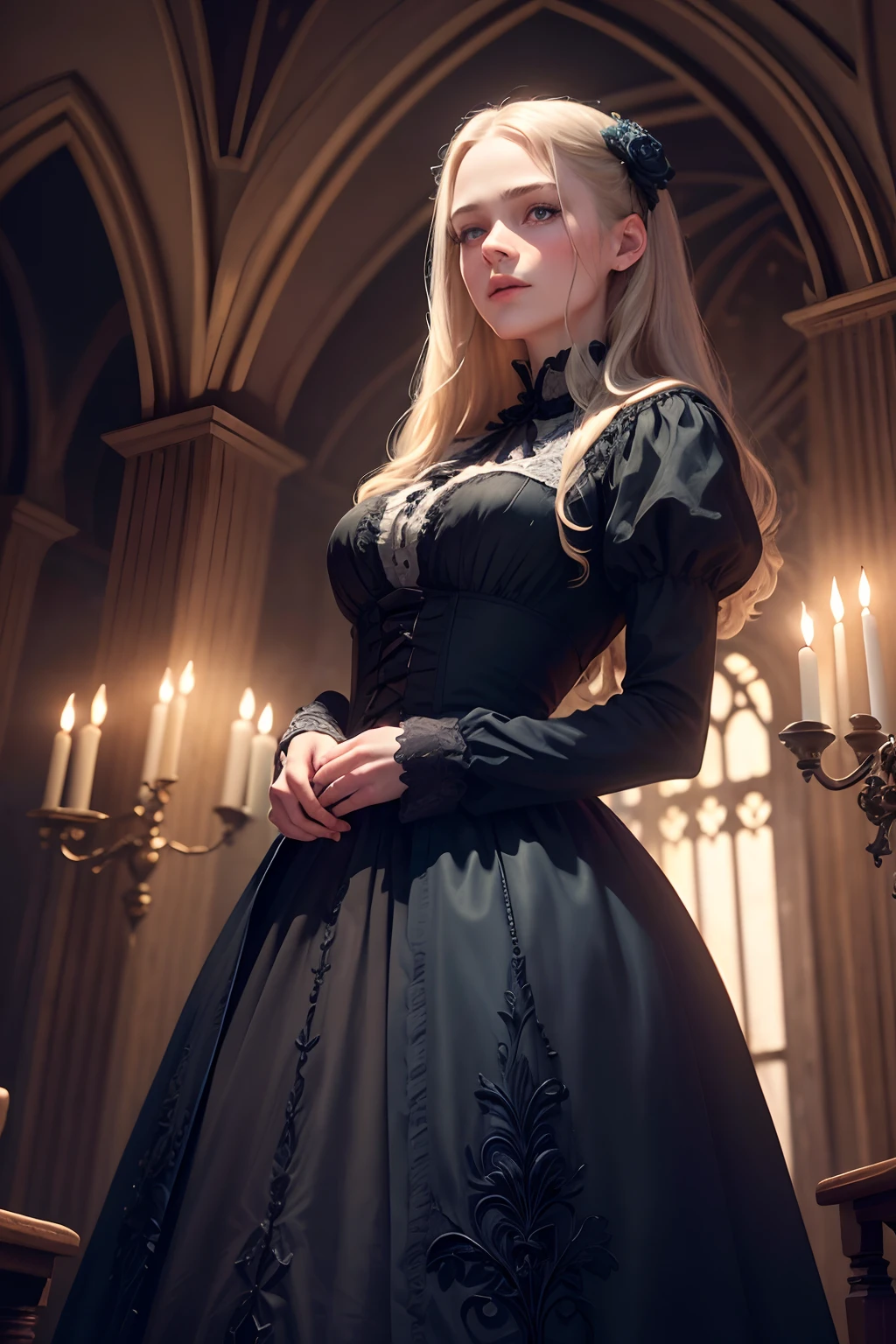 (best quality,4k,8k,highres,masterpiece:1.2),ultra-detailed,(realistic,photorealistic,photo-realistic:1.37),Virginia Otis, 15 years old (blond hair, blue eyes),thin,cute face,beautiful detailed eyes,beautiful detailed lips,extremely detailed eyes and face,long eyelashes,Victorian dark fantasy,walks at night in Canterville Castle,aged 1887,in a garden,moonlit scenery,whispering trees,dark shadows,haunting atmosphere,mysterious,gloomy,gothic vibes,antique architecture,eerie mood,dusty rooms,vintage furniture,dramatic lighting,cobblestone paths,engraved wooden doors,crimson velvet curtains,ornate chandeliers,old oil paintings,creaking floorboards,moonlight streaming through stained glass windows,secret passages,flickering candlelight,silence only broken by faint whispers,impression of ghostly presence,feeling of being watched,spine-tingling sensation,hidden secrets of the castle,spiritual realm,paranormal activities,unsettling atmosphere,haunted story.Dynamic pose, sexy dress.