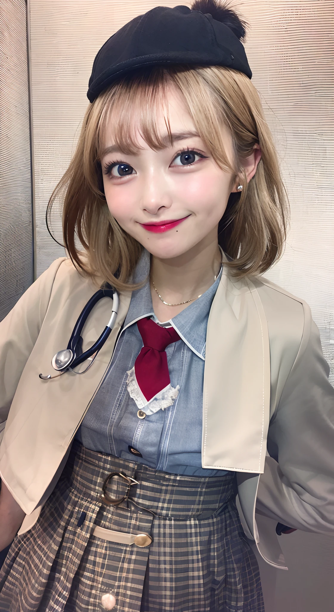 High quality, Best Quality, masutepiece, absurderes, amelia watson, detective, 1girl in,  Solo, Smile, blush, stethoscope、teens girl