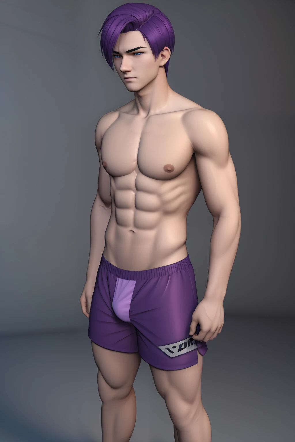 3d render, anime, young male, age, caucassian masculine square face, purple hair, tight boxers underwear, best quality, topless, full body view