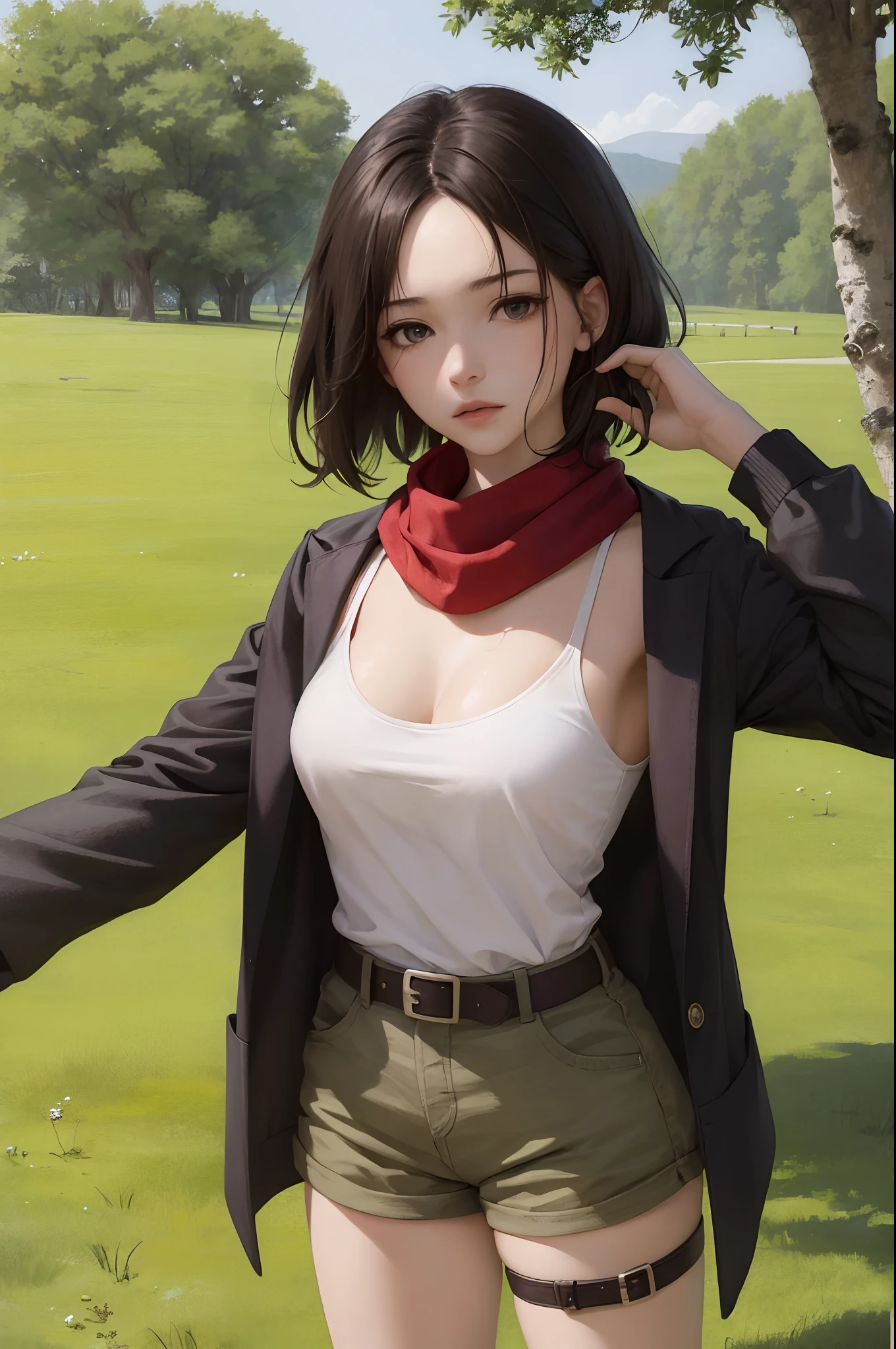 (masterpiece), best quality, expressive eyes, perfect face, outdoor in the woods, (1 girl), 

 medium breasts, collarbone, hmmikasa, short hair, black eyes, scarf, red scarf, emblem, belt, thigh strap, black shorts , long sleeves, brown jacket, (laying on the grass , (on back), full body,almost exposed tits), (sweating), exhausted expression