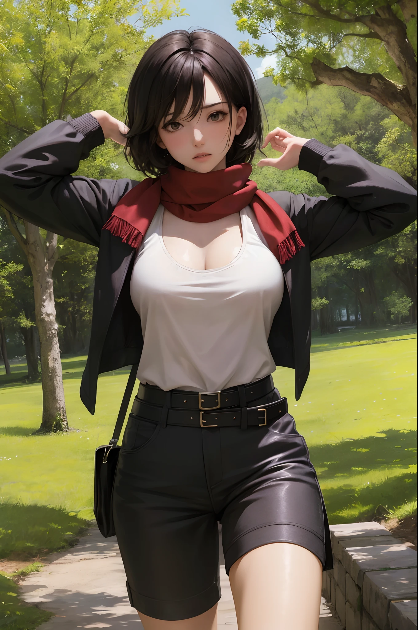 (masterpiece), best quality, expressive eyes, perfect face, outdoor in the woods, (1 girl),
medium breasts, collarbone, hmmikasa, short hair, black eyes, scarf, red scarf, emblem, belt, thigh strap, black shorts , long sleeves, brown jacket, (laying on the grass , (on back), full body,almost exposed tits), (sweating), exhausted expression