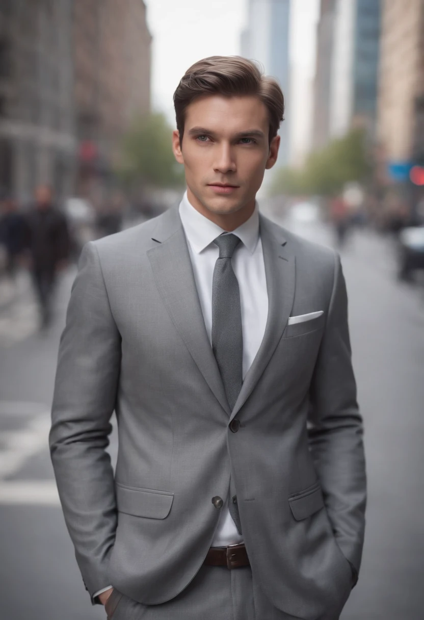 third person view video game concept art of an unassuming spy, wearing a grey suit. standing in broad daylight on a busy city street in the year 2035. Depth of field. Highly realistic.