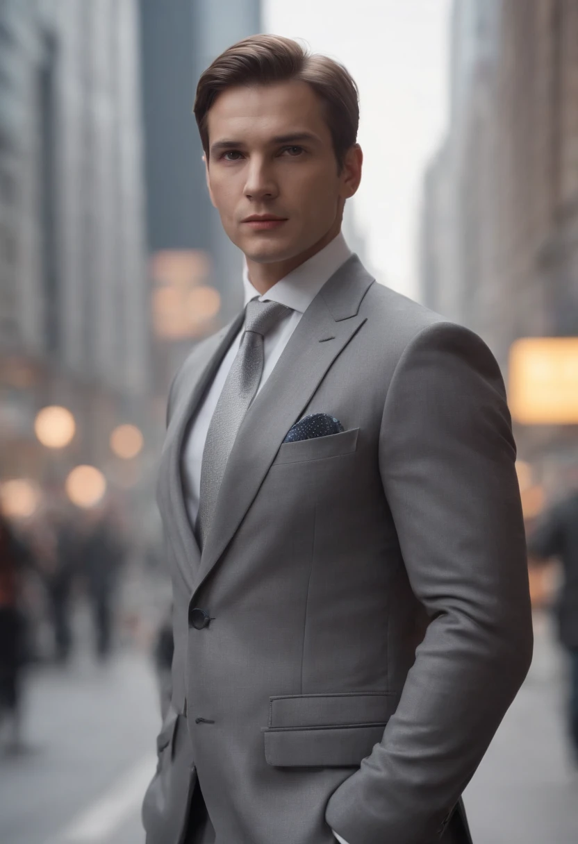 third person view video game concept art of an unassuming spy, wearing a grey suit. standing in broad daylight on a busy city street in the year 2035. Depth of field. Highly realistic.
