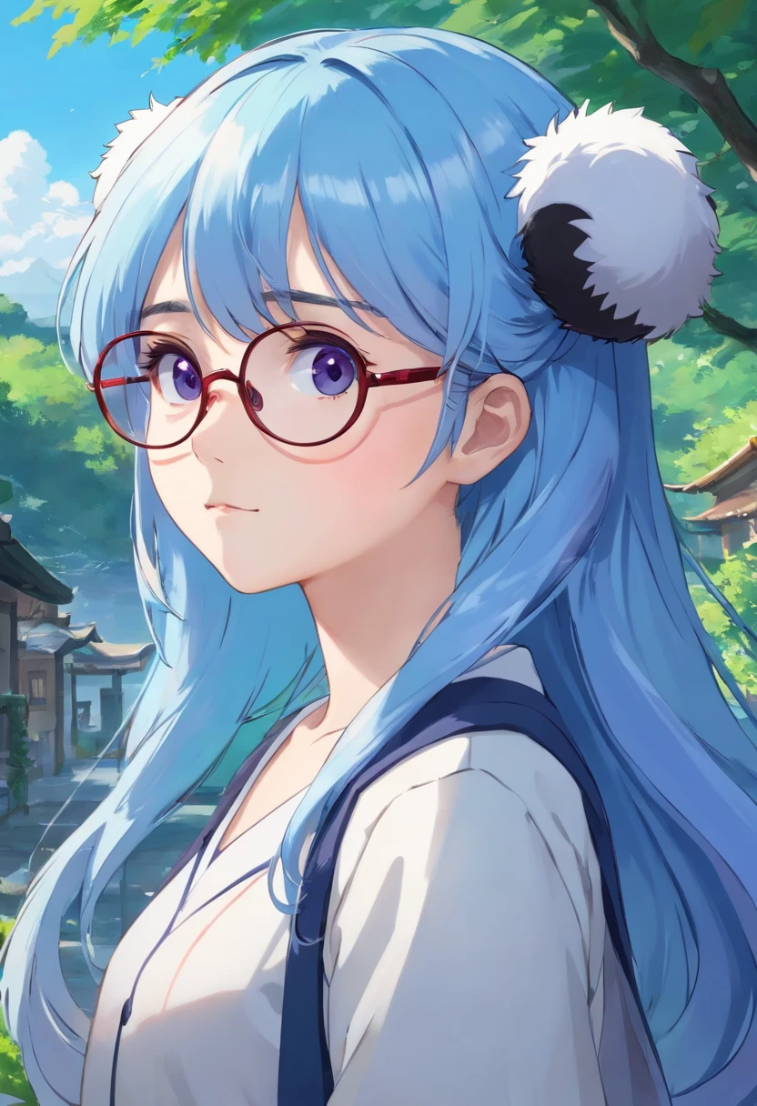 Solo, (((Masterpiece, Best quality))) ,  (From the side Side:0.95), black shadows_plum, Li Dousha, Panda_hor ears, bangs, Bare_bshoulders, Blue_Eyes, eye glass_On_Head, Hair_between_Eyes, Long_Hair,  sunglasses, Very_Long_Hair, 1girll, [White hair, Striped hair, Blue hair],